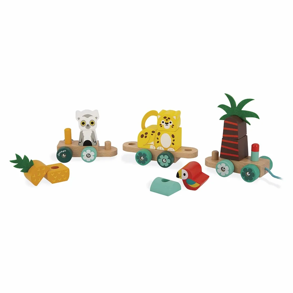 Janod Train Tropical à Tirer Tropik Jouet en Bois 11 Pièces 3 Wagons Motricité Coordination Main Œil FSC Dès 1 an