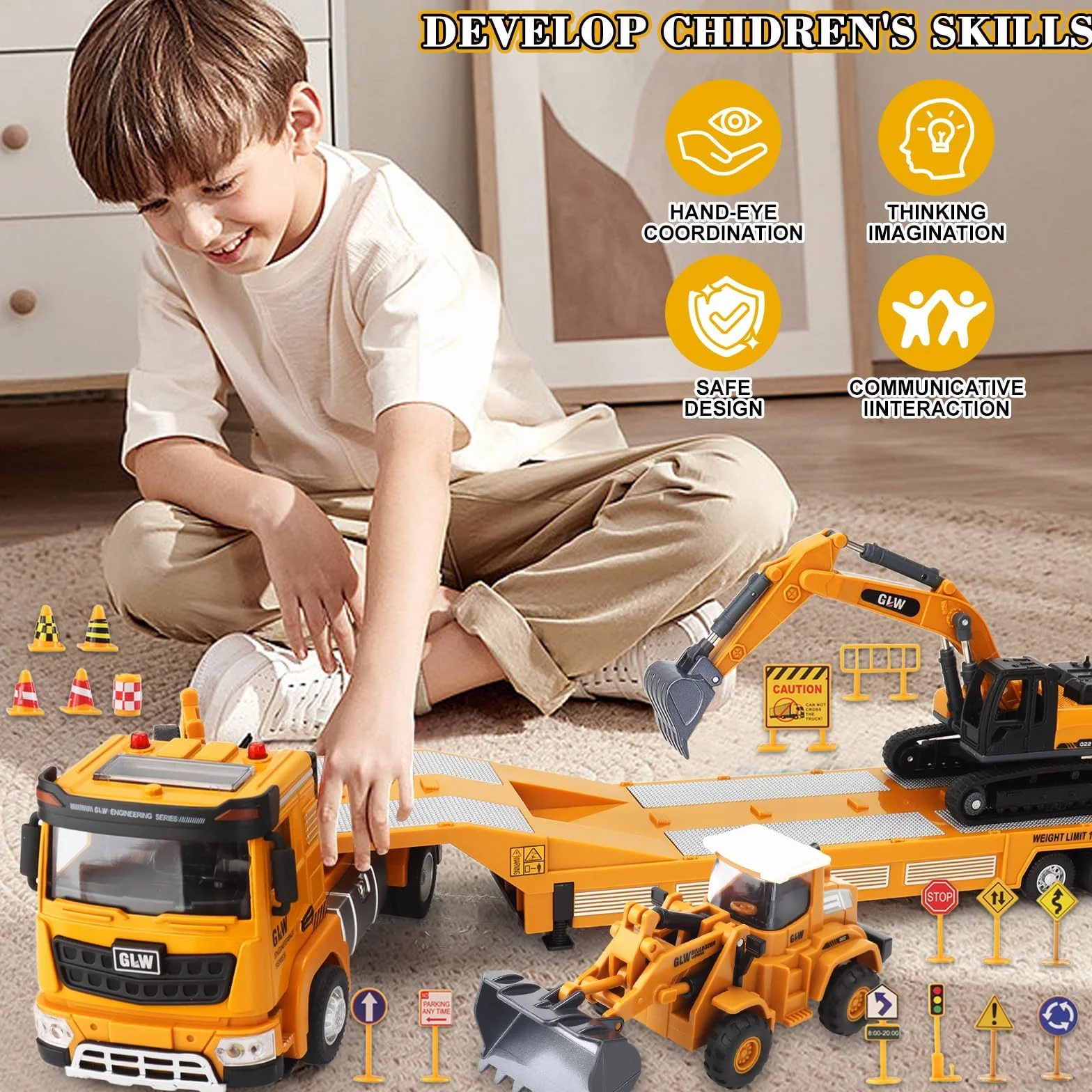 UCAMP 1:40 Camion Transporteur Voiture avec Sons et Lumières Tractopelle Pelleteuse Bulldozer Jouet Enfant Cadeau Garçon 3 4 5 6 7 Ans