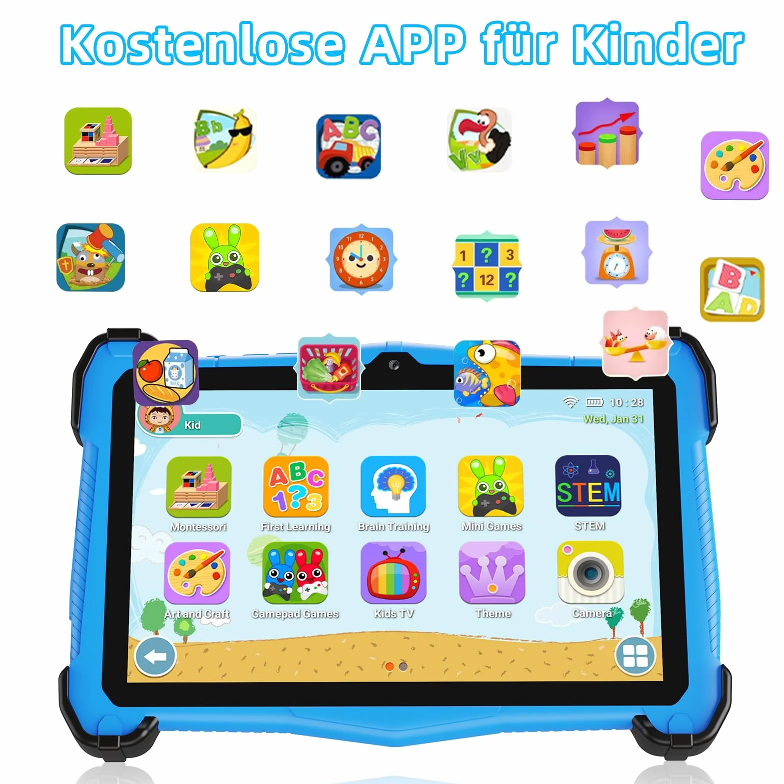 EagleSoar Tablette Enfants 10 Pouces, Android 14 Processeur Octa-Core, Kids 3 à 12 Ans, 10Go RAM + 64Go ROM, AVCE Logiciel Apprentissage pour Eenfants et Contrôle Parental (Blau)