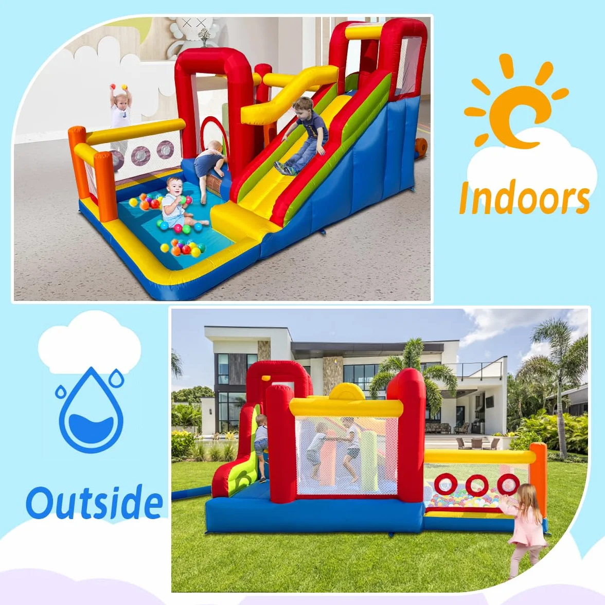 Ballsea Château Gonflable pour Enfants avec Souffleur - Multifonctionnel, Filet de Sécurité, Intérieur/Extérieur