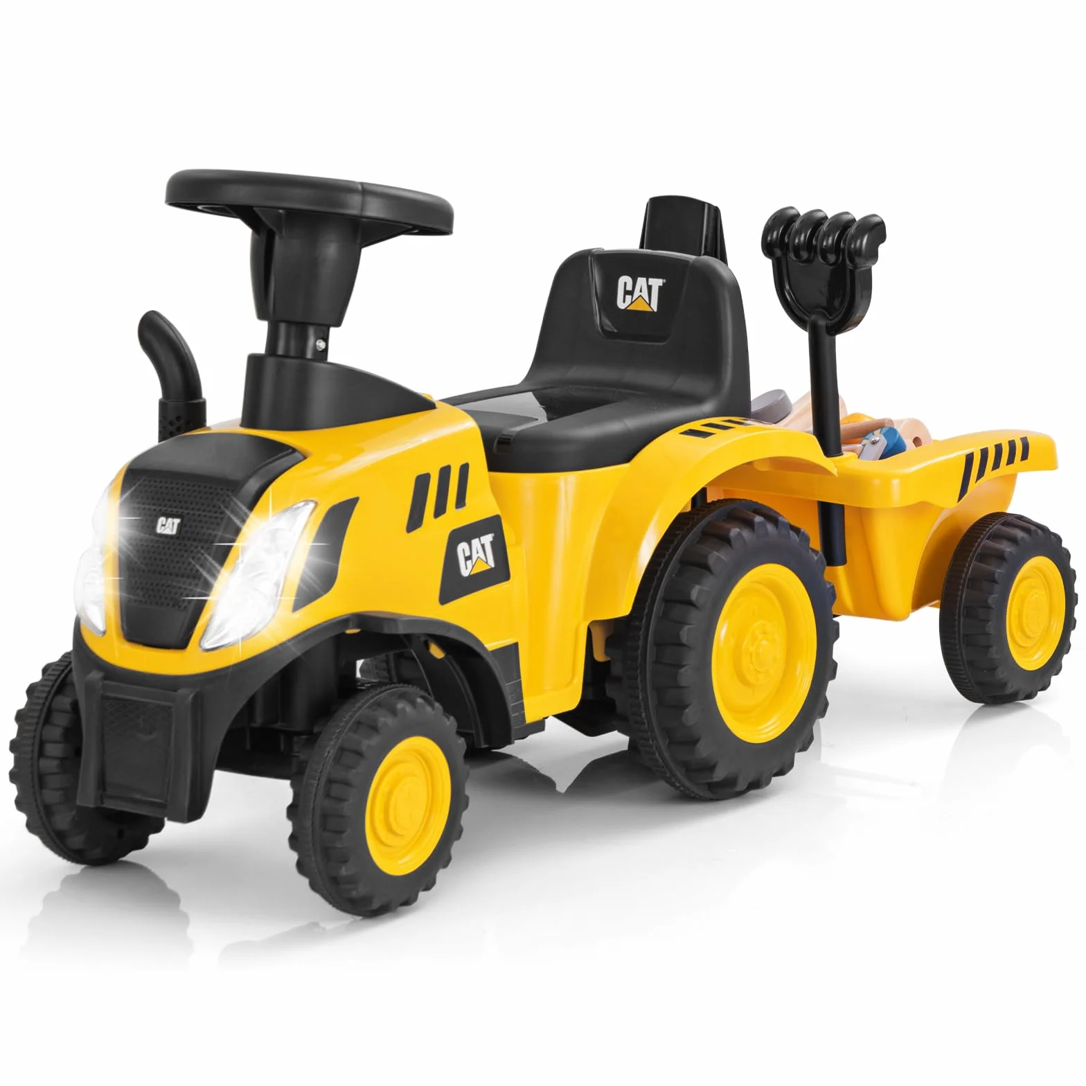 COSTWAY Caterpillar Porteur Tracteur Enfants avec Remorque Amovible & Pelle & Râteau, Voiture Enfants à 6 Pneus avec Lumière LED & Musique & Klaxon, Charge 25kg pour Enfants de 1,5-3 Ans