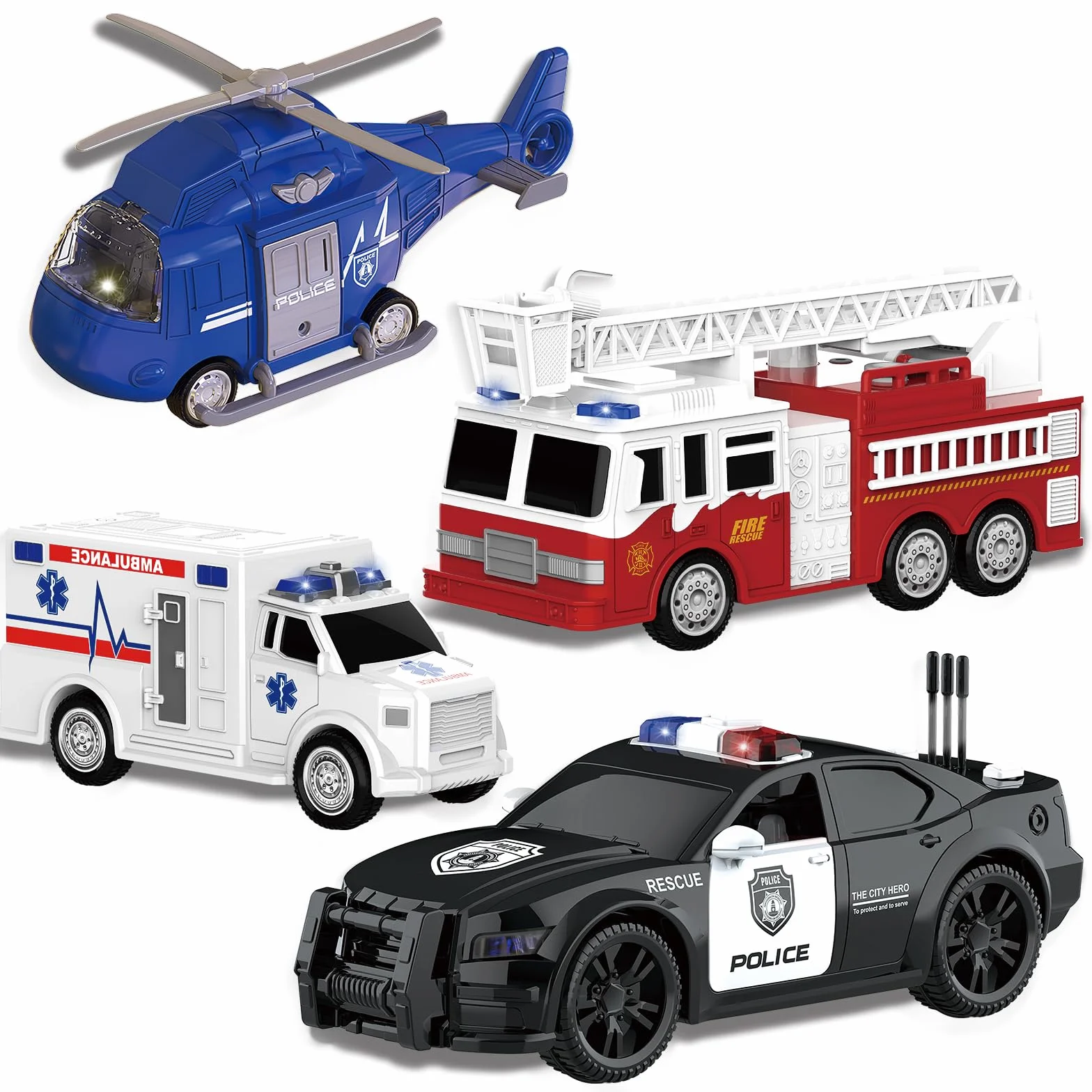 Jouets de véhicules d'urgence EPPO 4 Paquets pour Enfants, hélicoptère, Voiture de Police, Camion de Pompier, Cadeau 3-12 Ans