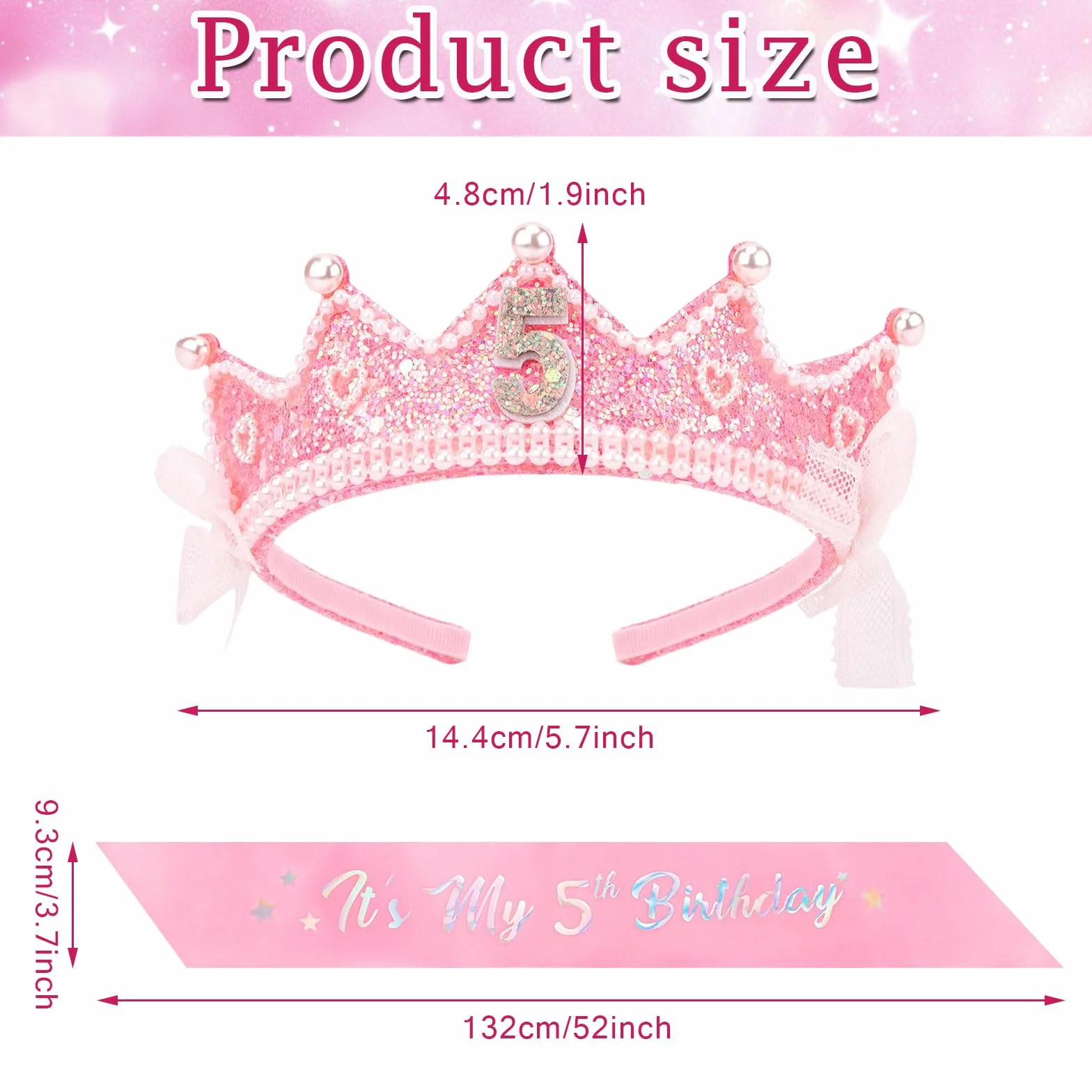 Couronne Anniversaire Fille avec Perles Roses et Écharpe, Ceinture Réglable, Bandeau Princesse