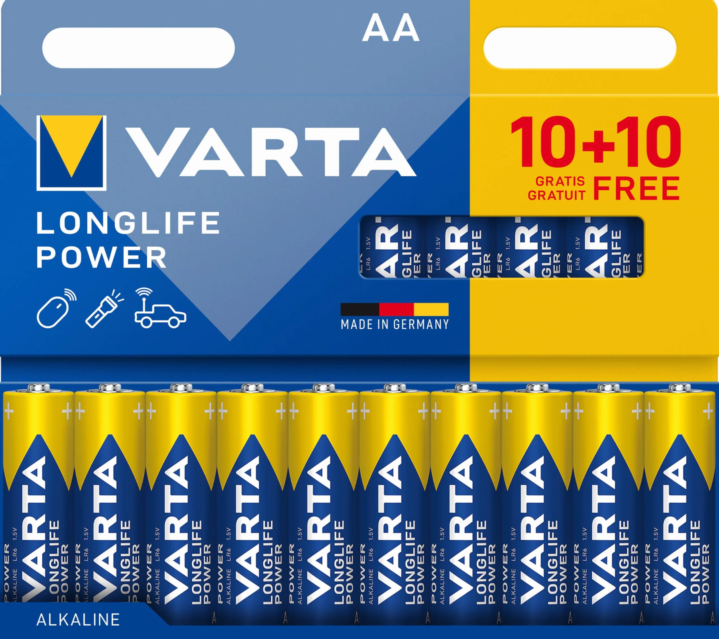 VARTA Piles AA Longlife Power Alcalines 1,5V Lot de 20 Emballage Recyclé Made in Germany