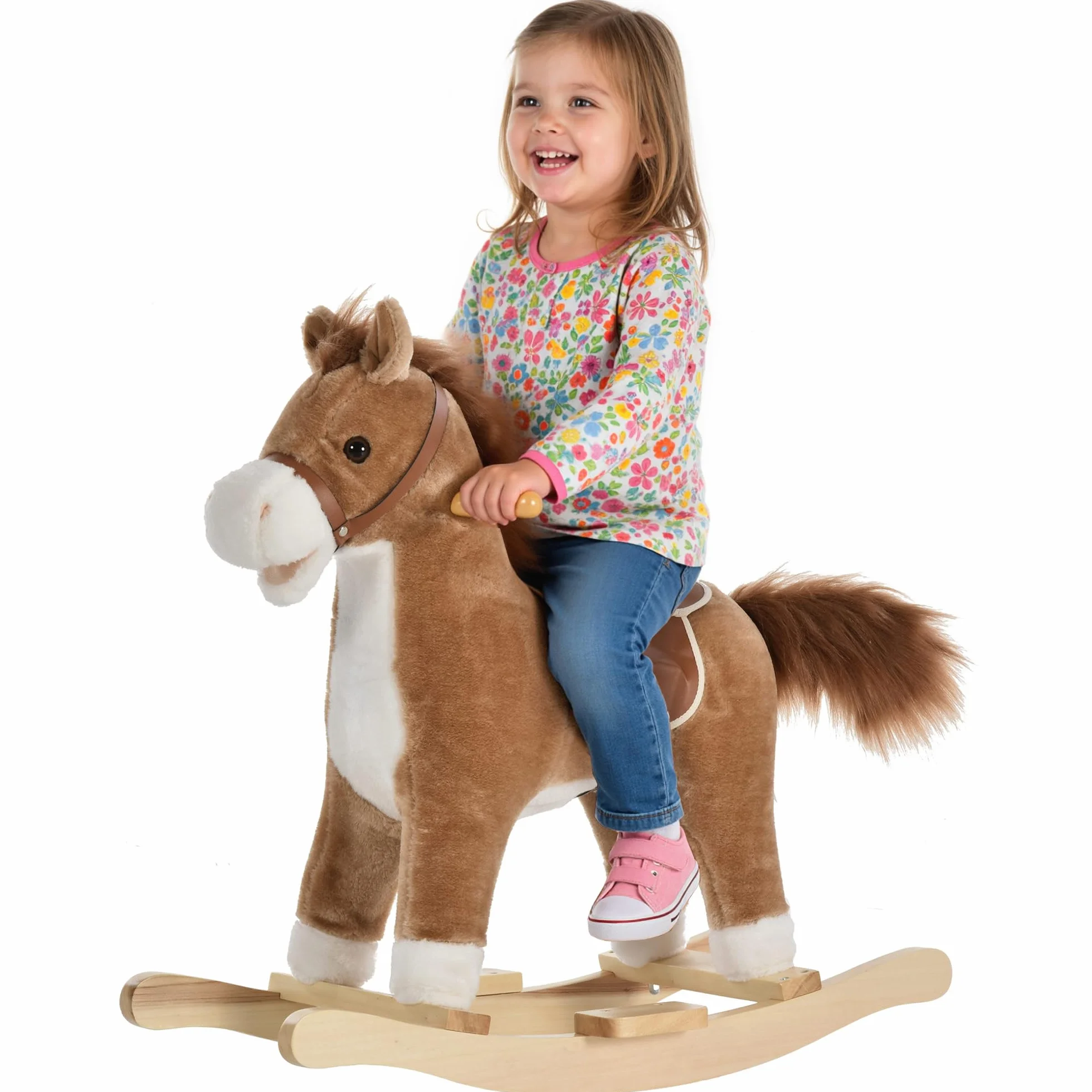 HOMCOM Cheval à Bascule Selle Grand Confort Peluche Bois Peuplier Brun 65x32,5x61 cm