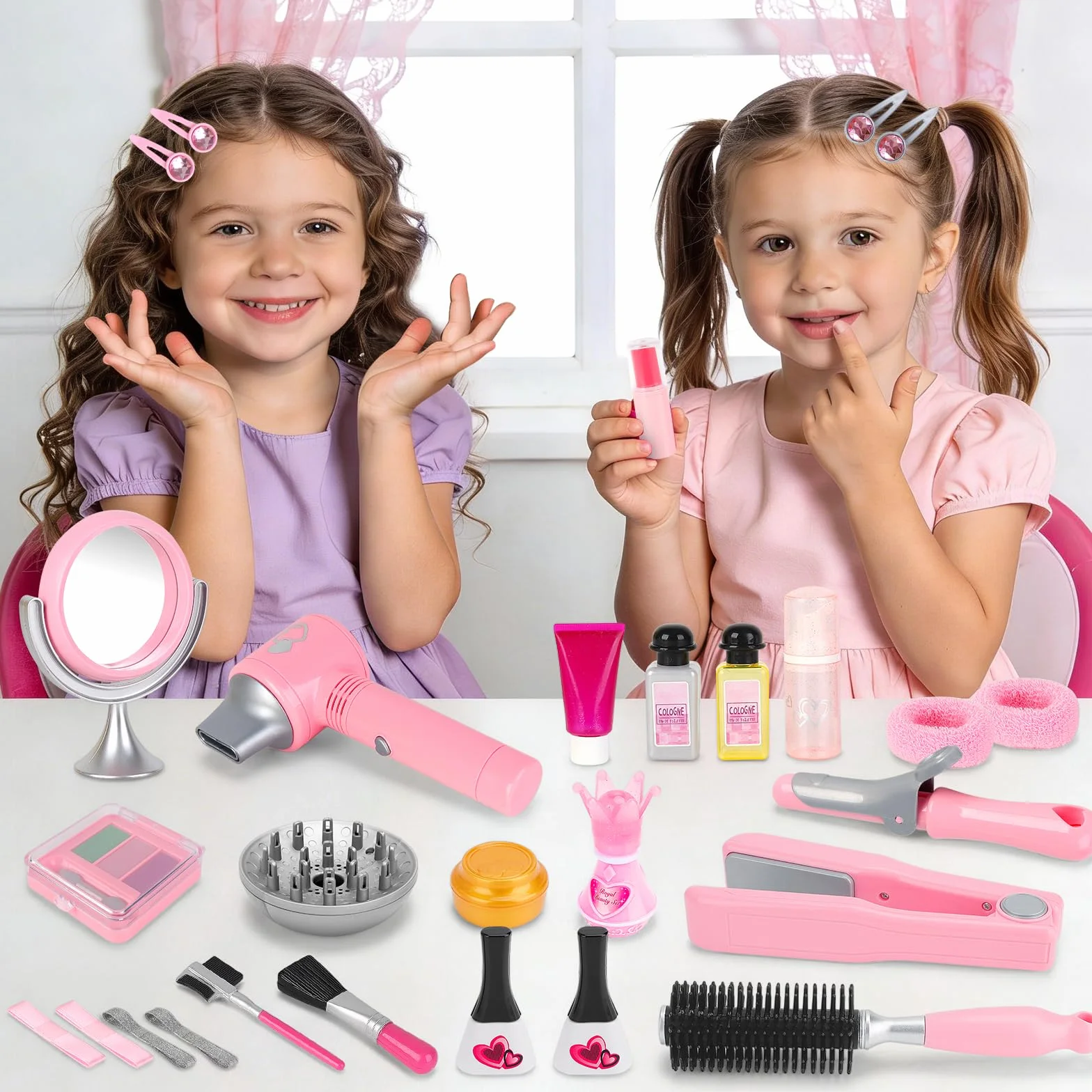 deAO Ensemble de Salon de Beauté pour Filles 35 Pièces, Jeu de Simulation Coiffeur avec Sèche-Cheveux, Miroir et Fer à Friser