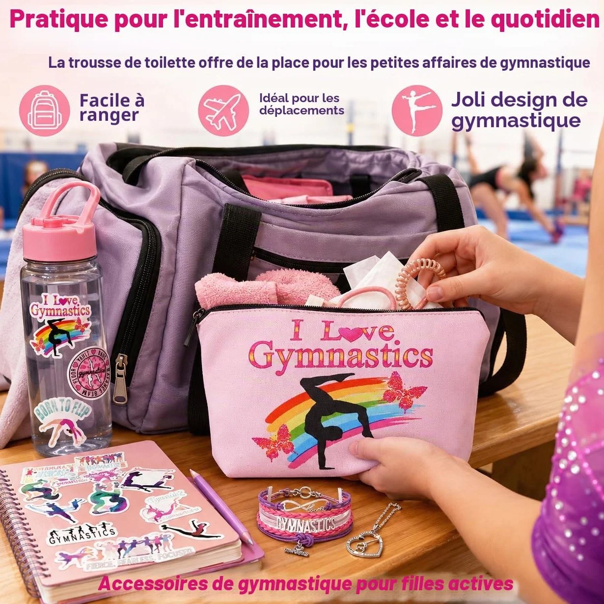 Ensemble d'accessoires de gymnastique pour fille – Bracelet, chaîne, trousse de maquillage et autocollant – Sac de gym