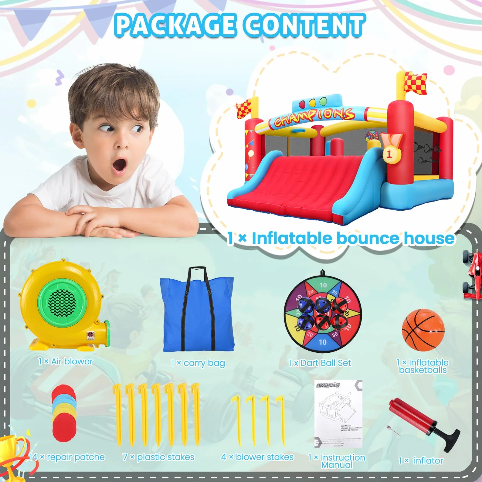 AKEYDIY Grande Château Gonflable pour Enfants avec Toboggan et Souffleur