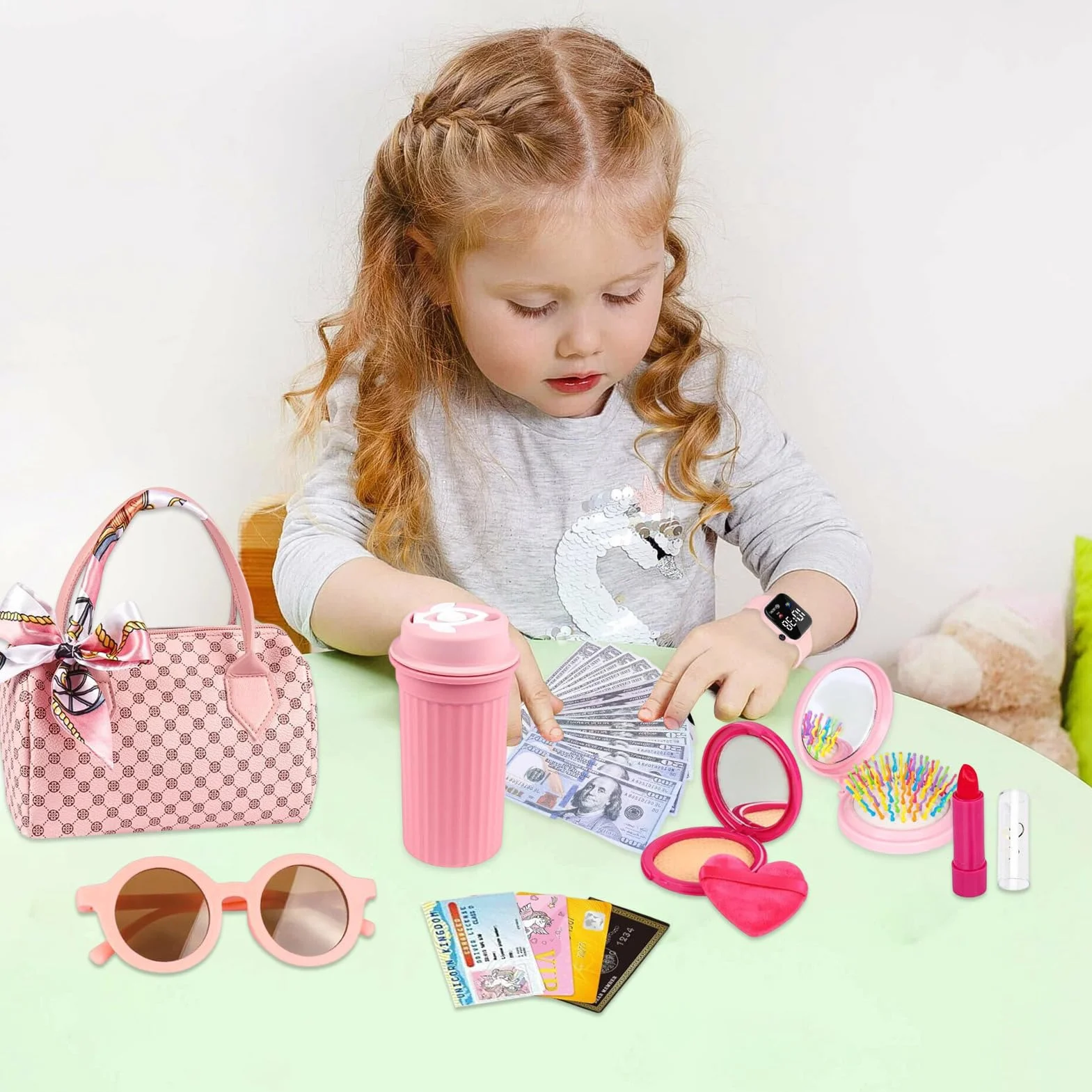 Sac à main pour fille avec accessoires jouet maquillage téléphone portable montre écharpe princesse 3-6 ans 20x11x13 cm