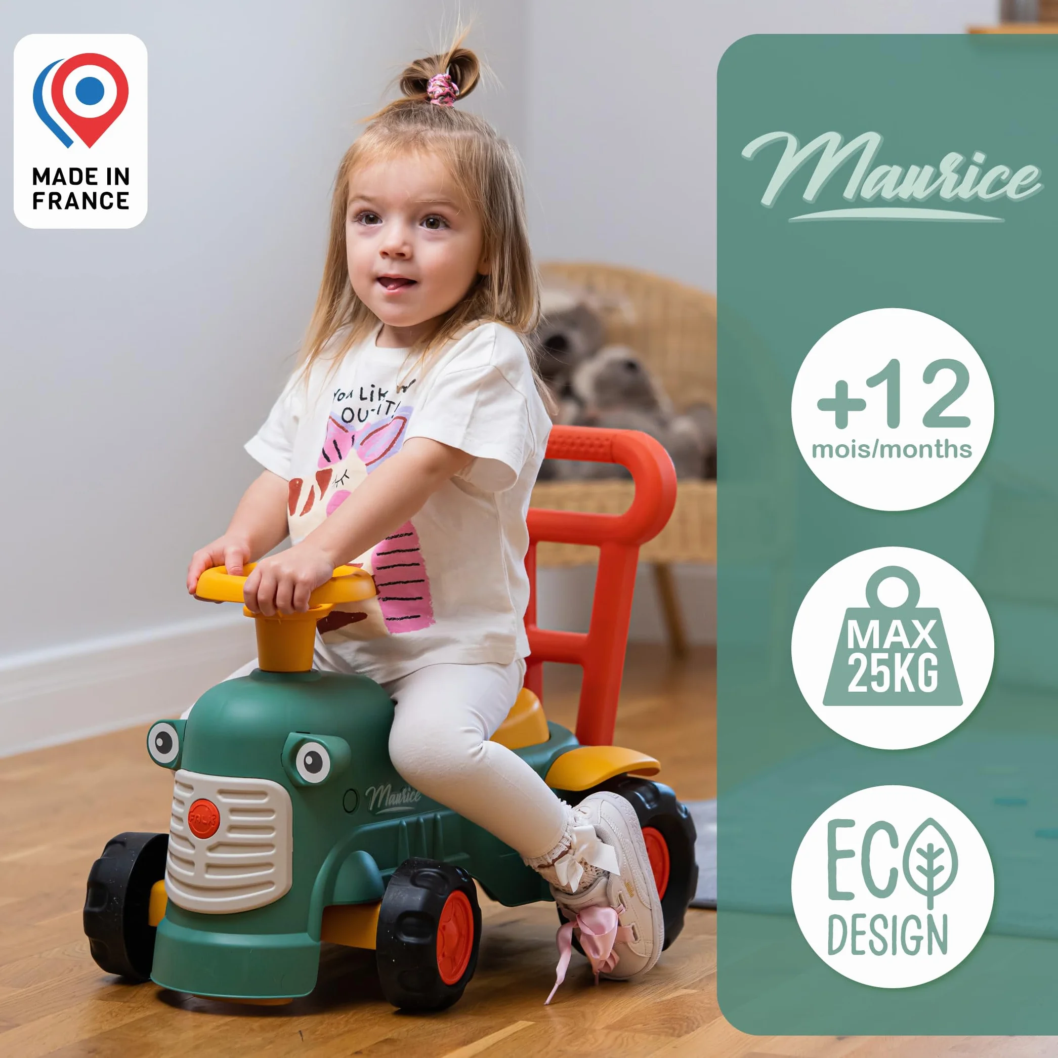 Falk Porteur Tracteur Maurice avec Barre Ergonomique d'aide à la Marche Vert 90% Plastique recyclé