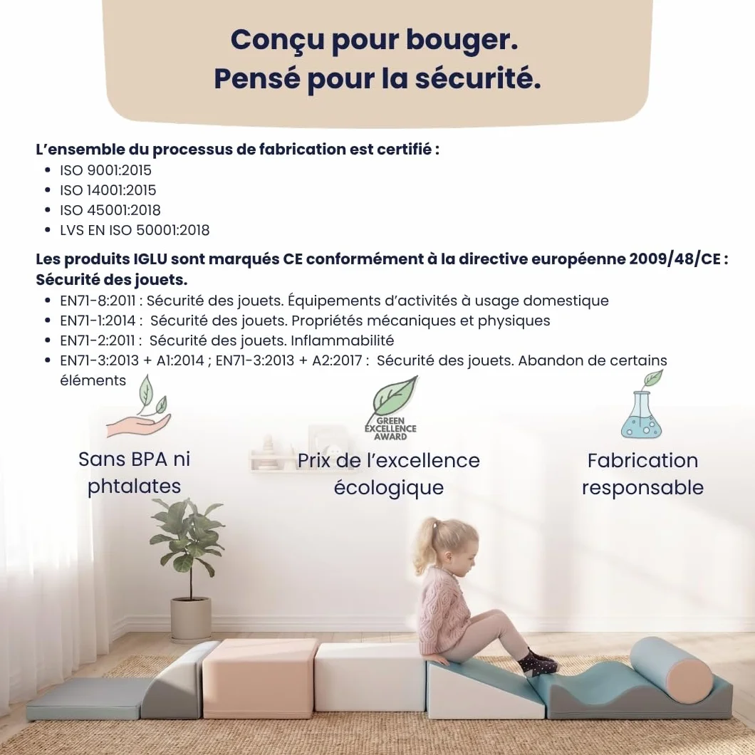 IGLU Soft Play Discoverer 7 XL Blocs Jeu d’Éveil Montessori Toboggan d’Intérieur Parcours de Motricité en Mousse Jouets éducatifs (Pastel)