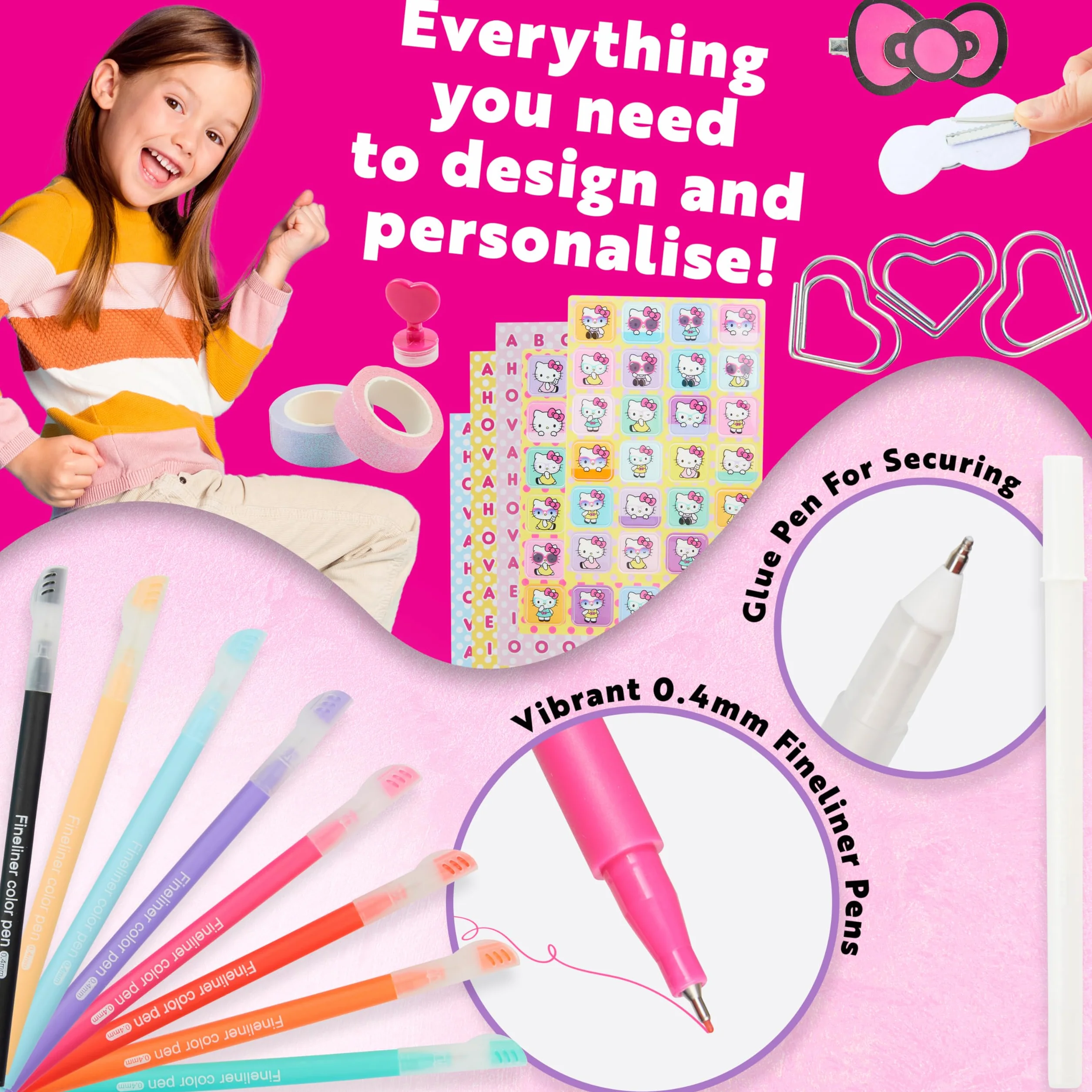 Hello Kitty Journaling Kit DIY pour Fille et Ados, Carnet A5, Autocollants, Porte Clés, Notes Autocollantes (Rose)