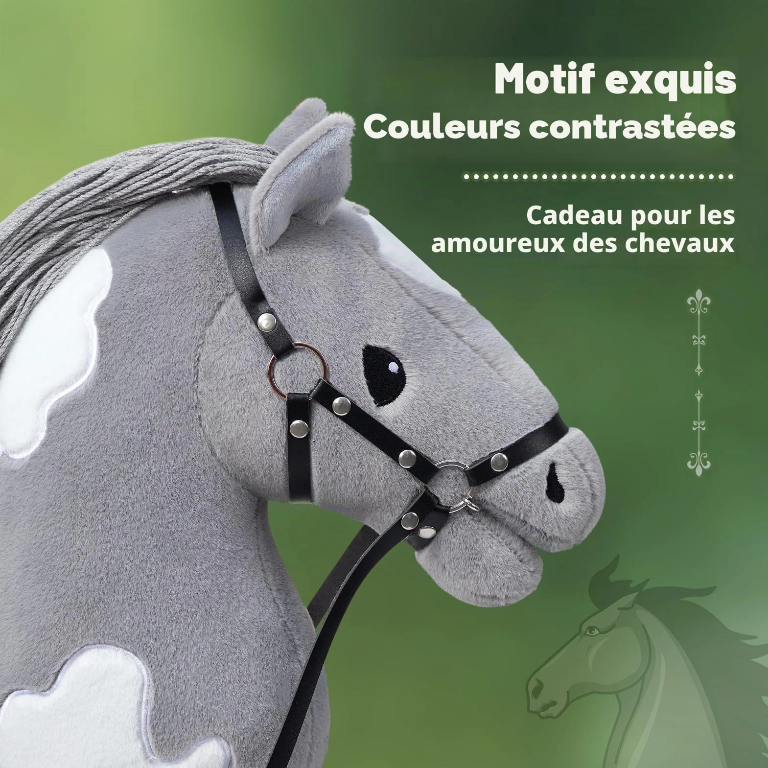 BEJOY Stick Horse Hobby Cheval sur Bâton avec Licou et Rênes Gris-Blanc