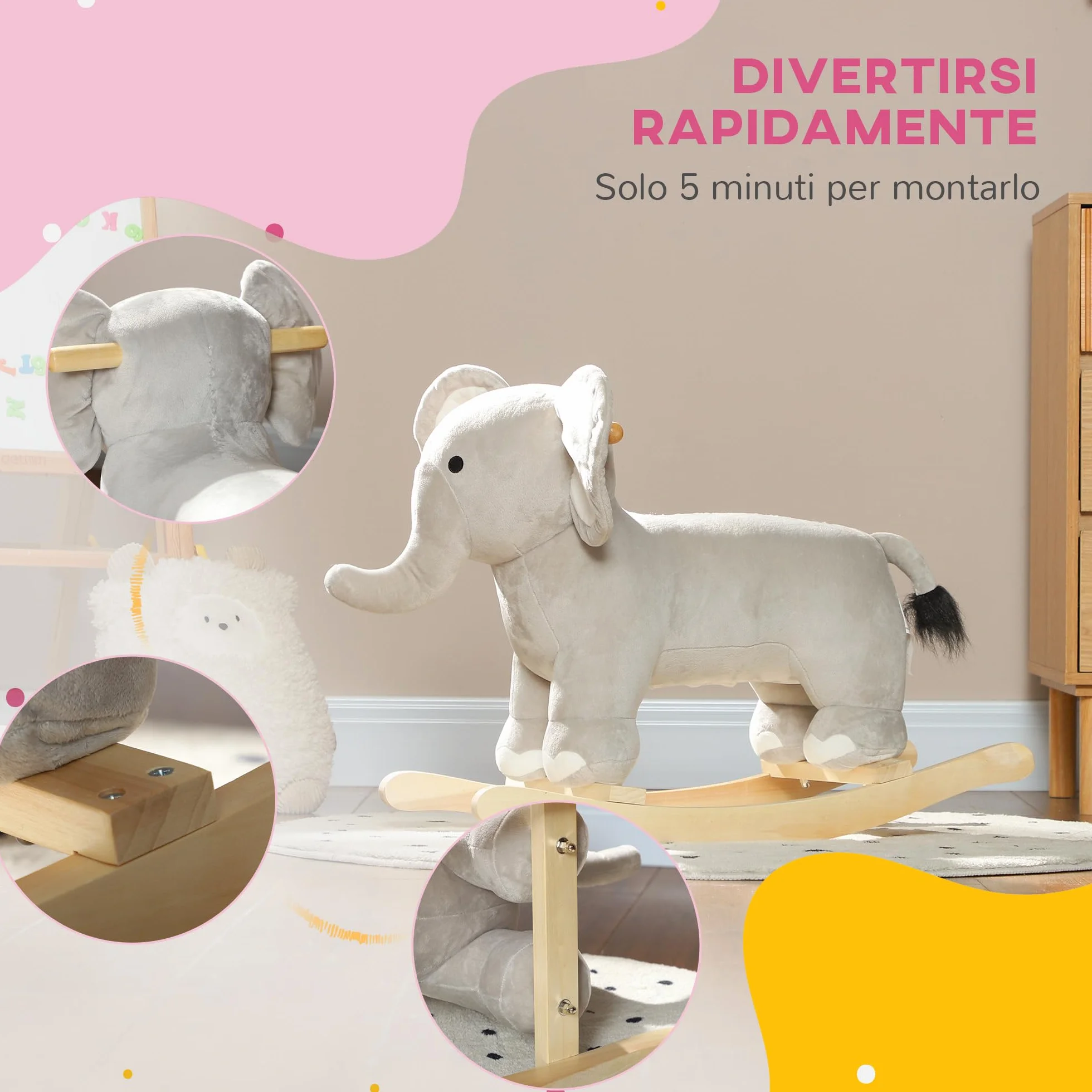 AIYAPLAY Cheval à Bascule pour Enfant, Jouet à Bascule en Peluche Éléphant avec Effets Sonores, 64,5x31x52 cm, Gris