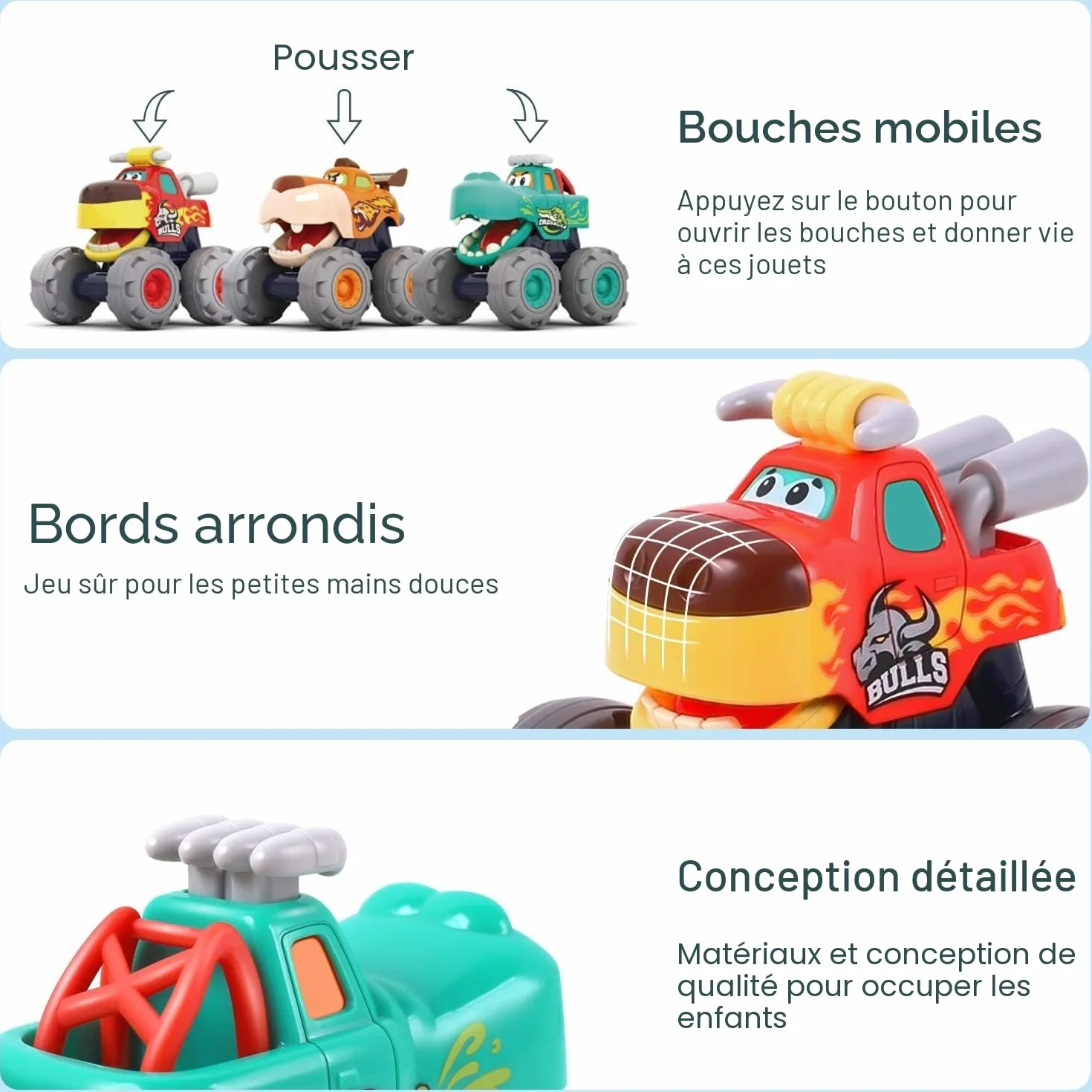 HOLA Lot de 3 Voiture Jouet Bebe 1 an Garcon, Friction Pull Back Monster Truck Animaux