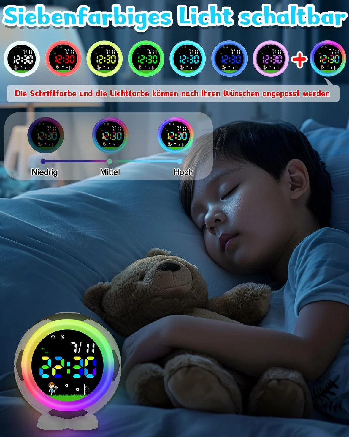Réveil numérique Football Enfant avec veilleuse Snooze 6 sonneries Double Alarme 12/24h Cadeau garçons Filles