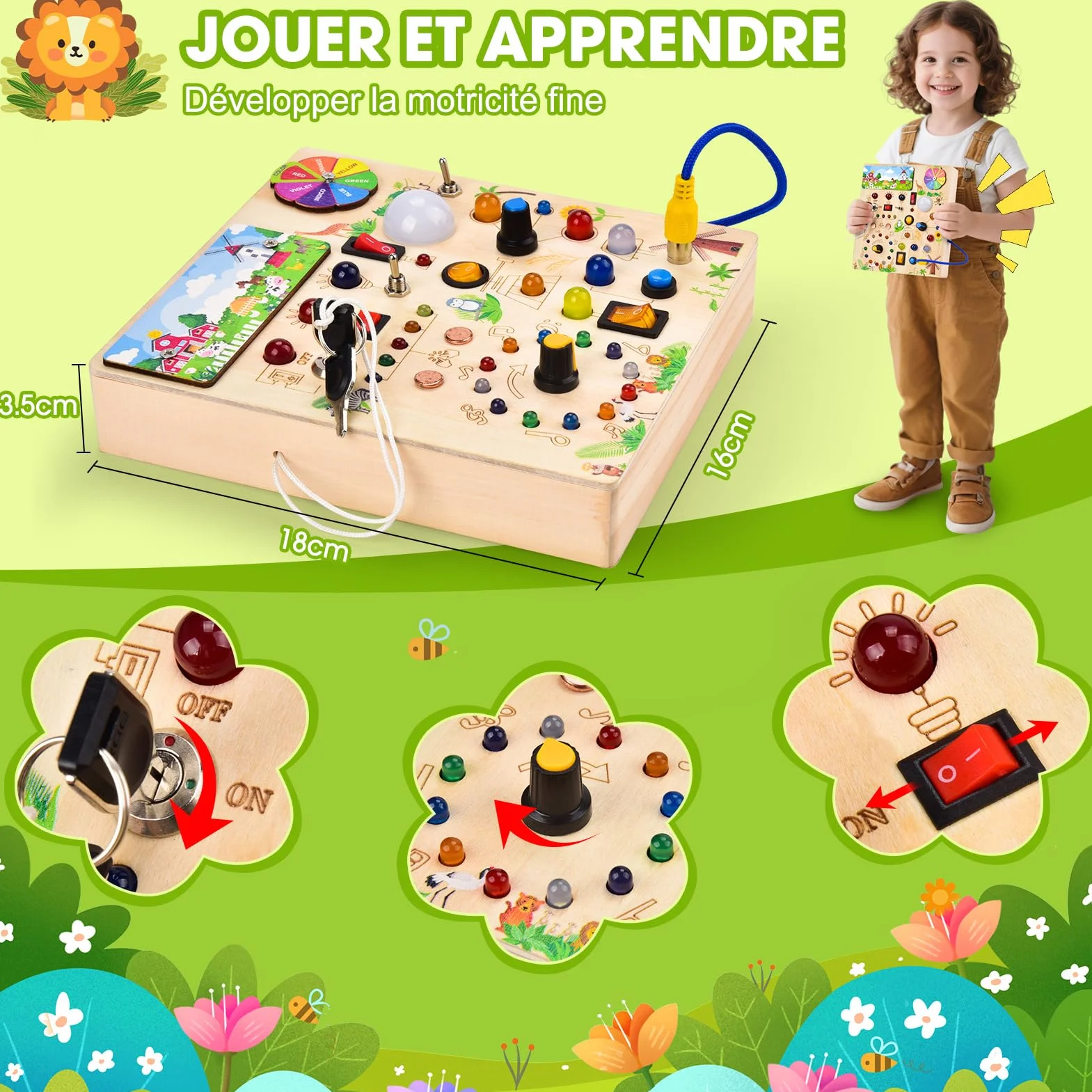 Busy Board Jouet Montessori 1 an, Jouet Enfant en Bois à Partir de 2 Ans, Planche Montessori avec 29 LED Jouets Sensoriel
