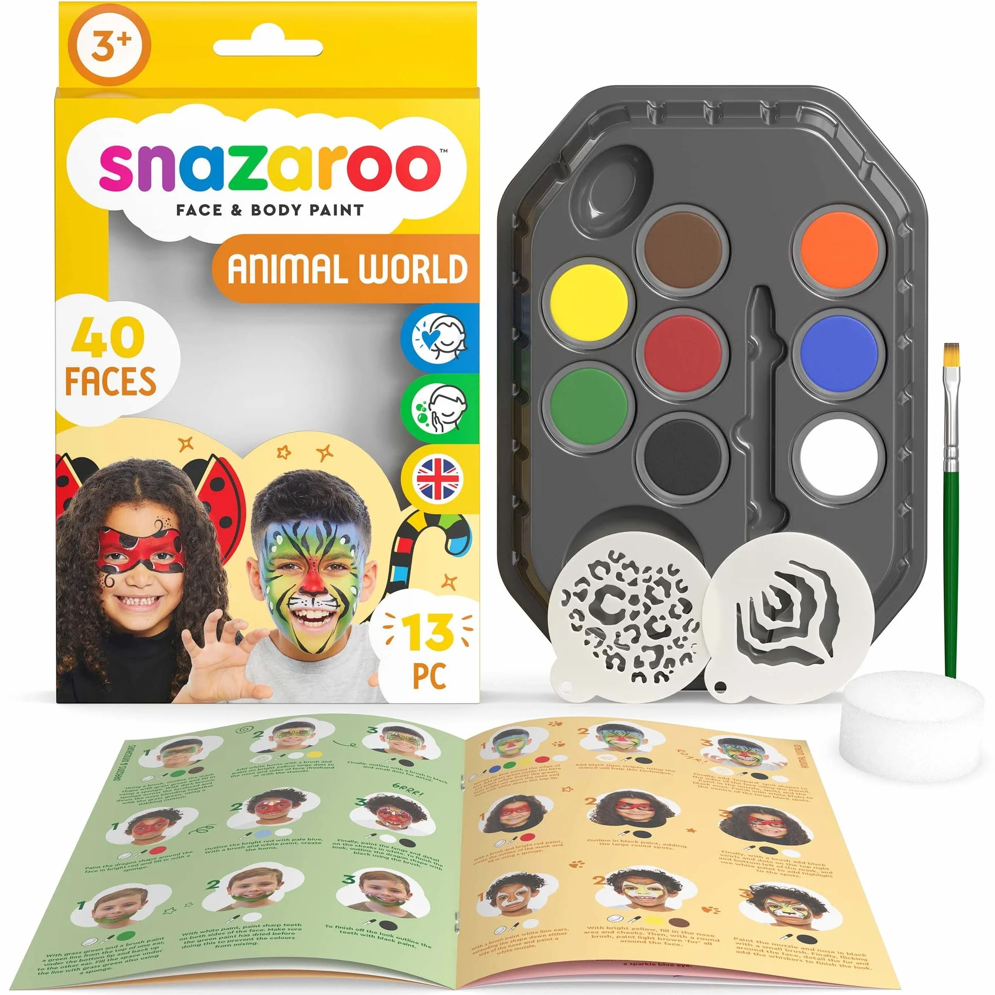 Snazaroo Animal World Palette de peinture visage 8 couleurs à base d'eau lavable