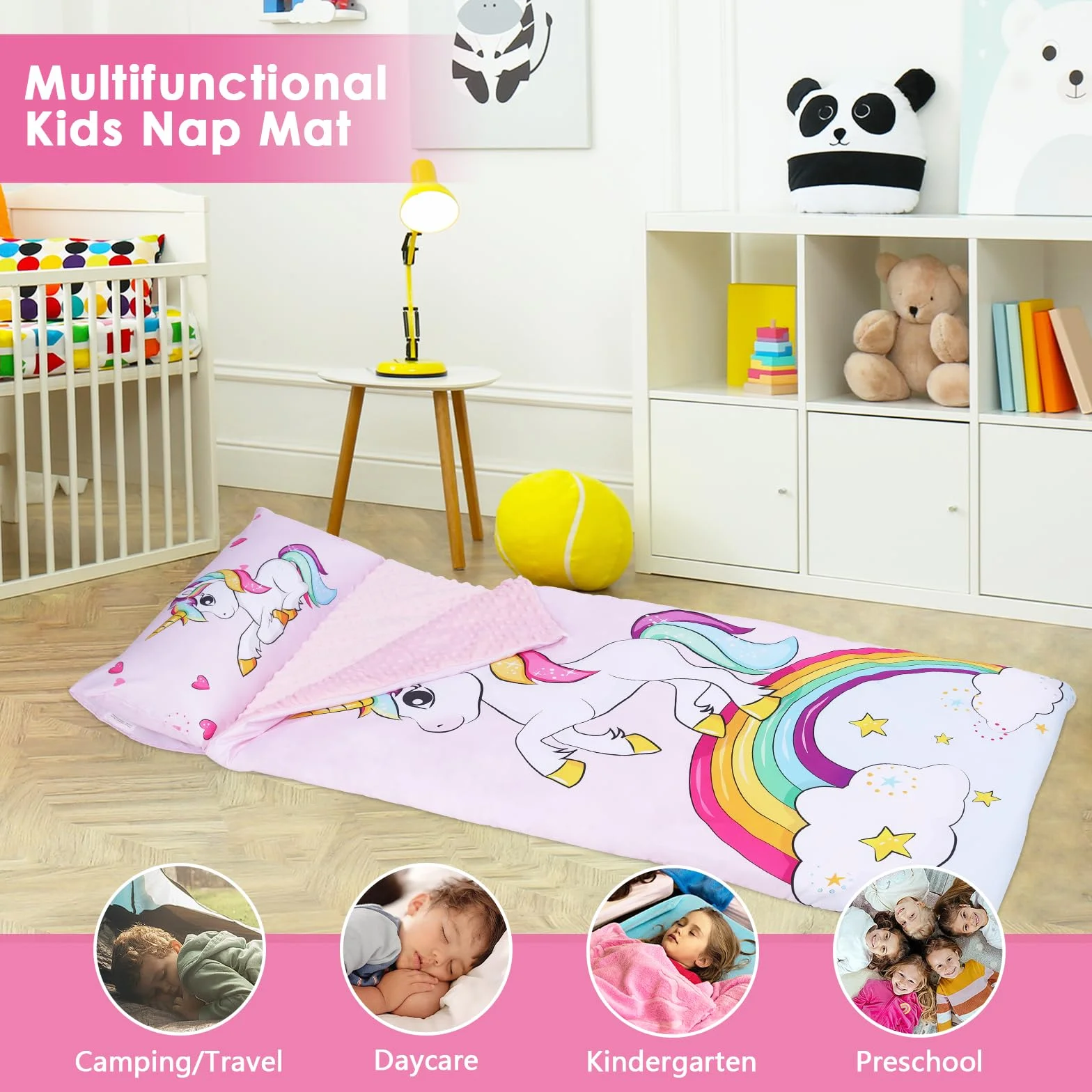 Sac de Couchage Chaud pour Enfants avec Oreiller Amovible, Double Fermeture Eclair pour Camping Ecole Garderie