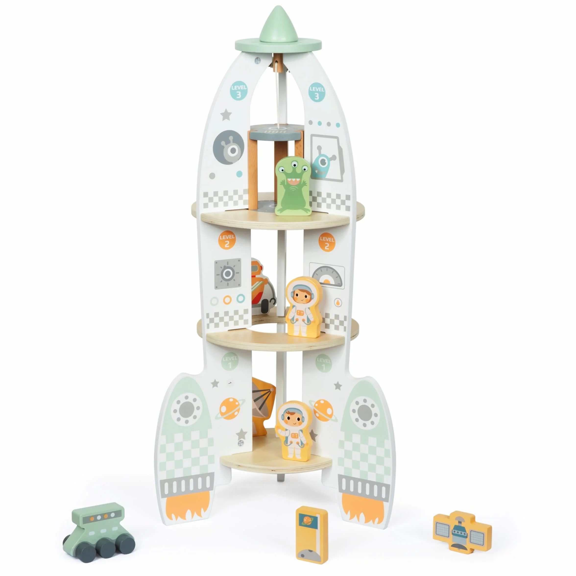 mamabrum Fusée Spatiale en Bois XXL - Jouet 3 Ans et Plus avec Ascenseur, 2 Astronautes, Robot, Extraterrestre - 60cm Hauteur - Centre de Contrôle et Salle Machines