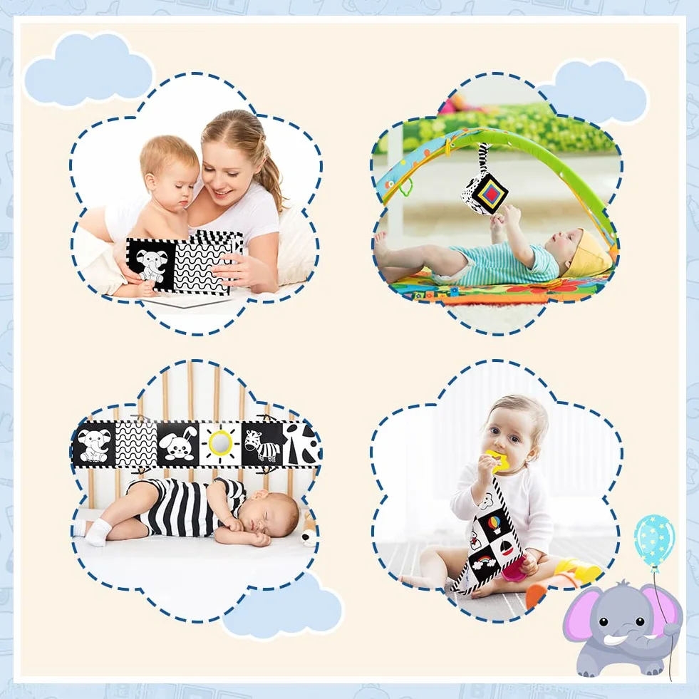 Jouets sensoriels noirs et blancs à contraste élevé pour bébé 0-12 mois, ensemble Montessori avec anneau de dentition et hochet