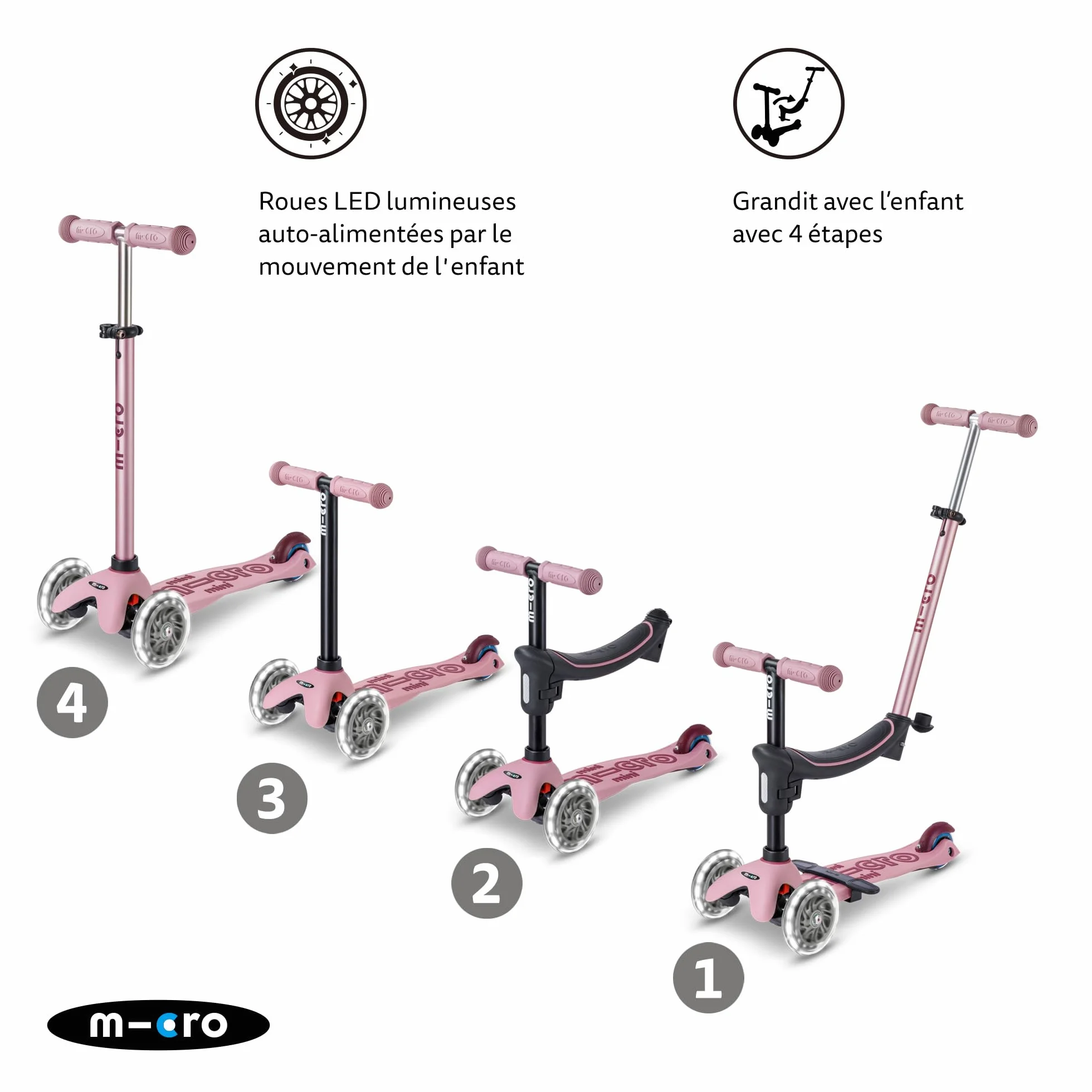 Mini Micro 2 Grow LED 4 en 1 Trottinette pour tout-petits Guidon réglable Léger 1-6 ans