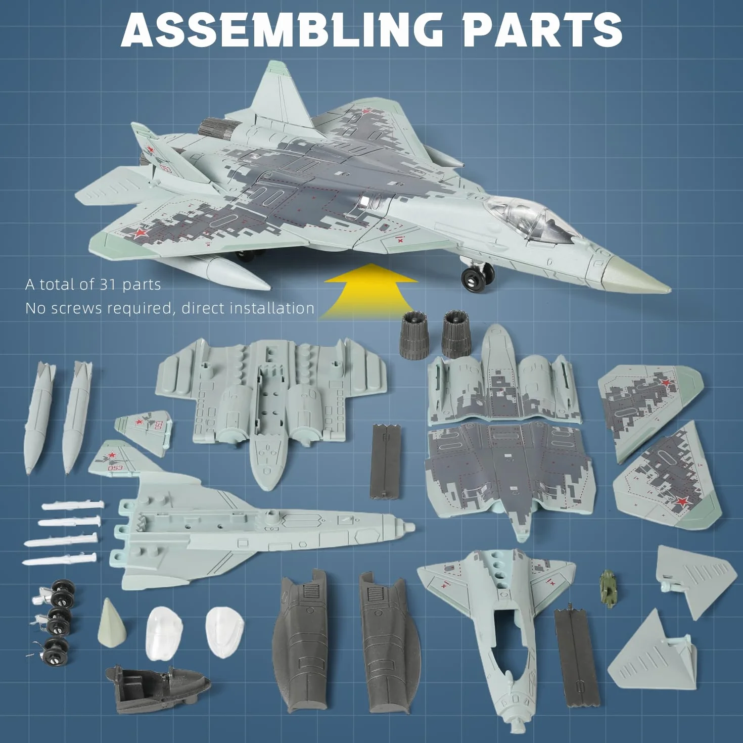 SEBUNAS Kit de maquette d'avion de chasse SU-57 échelle 1:72 plastique 39 pièces