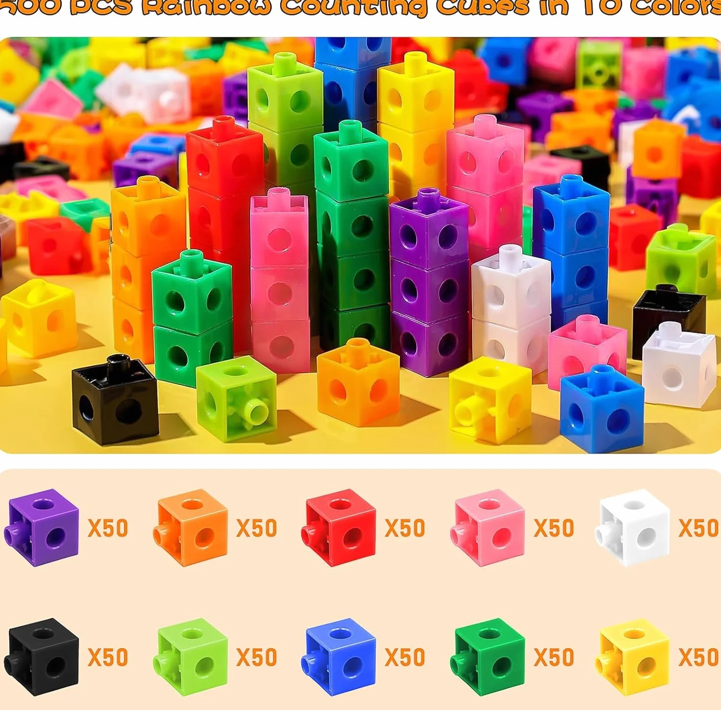 MALLOOM 500 Pcs Math Learning Linking Cube Counting Cubes Colorful Plastic Blocks Classroom Supplies