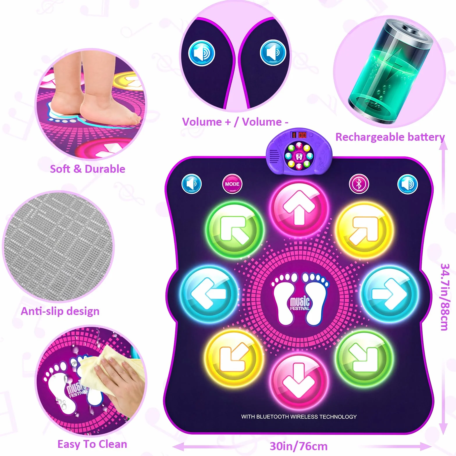 Tapis de Danse pour Enfants LED Musique 8 Flèches Lumière 6 Modes de Jeu Batterie Cadeau Noël 3-12 Ans