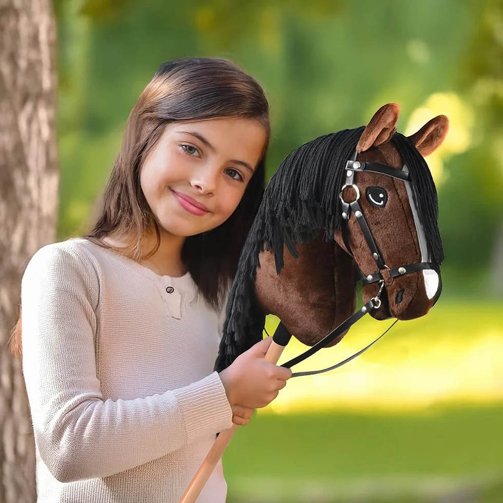 Cheval Bâton Hobby Horse A3 Bai Marron Crins Noirs Ensemble Complet Filet Mors Rênes Licol Longe Bonnet