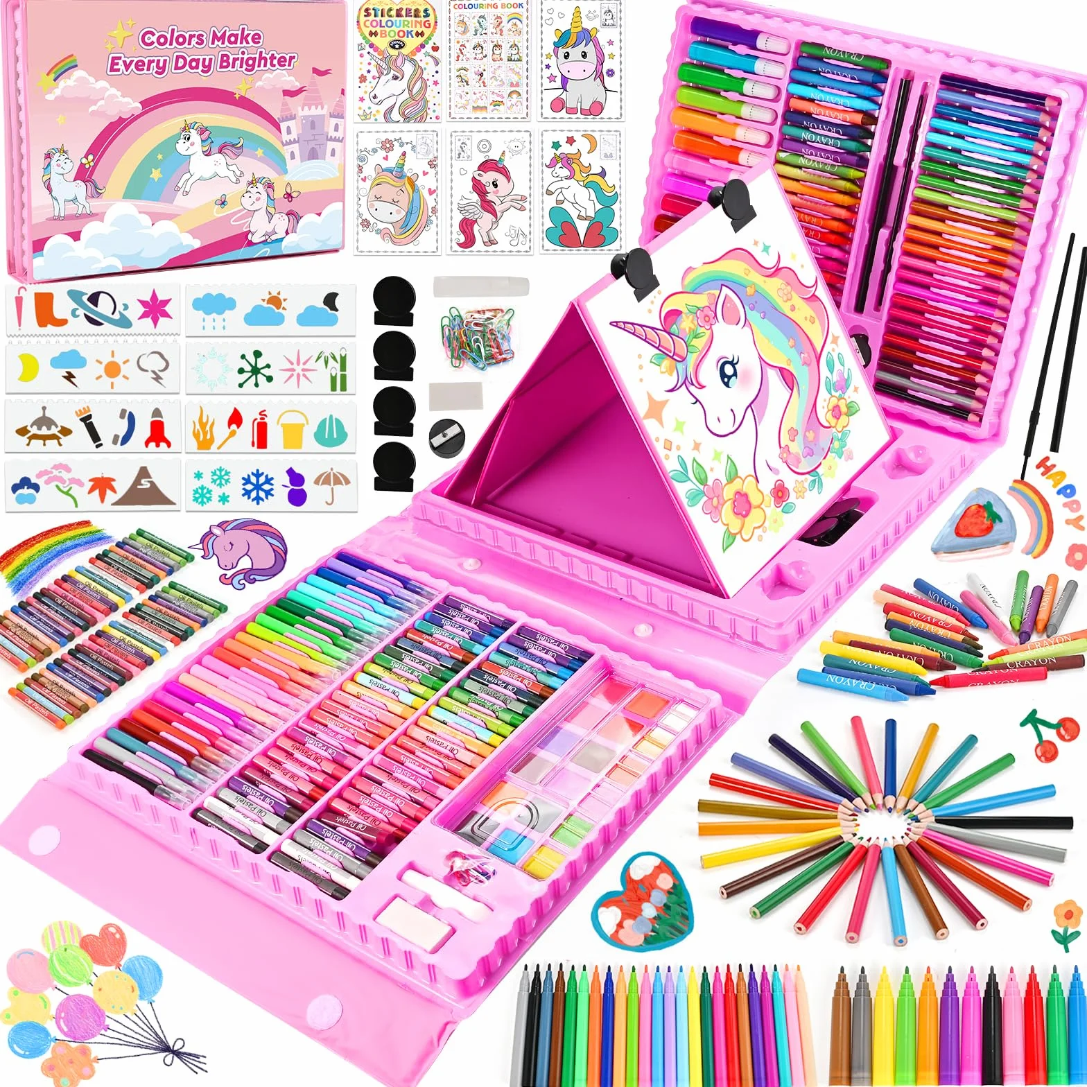 Mallette Dessin Enfant 230 Pièces Kit Coloriage Crayons Couleur Pastels Huile Stylos Aquarelle Cadeau Fille 3-10 Ans