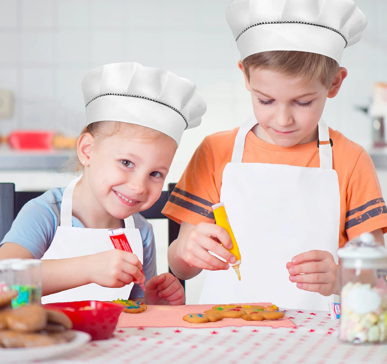 Set de 12 Pièces Tablier Enfant et Chapeau de Chef Réglables avec Poches pour Cuisine Jardin Peinture Artisanat