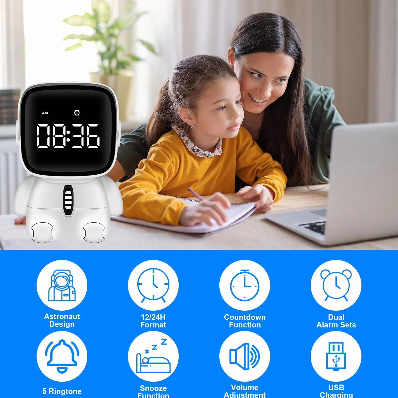 Réveil numérique LED astronaute pour enfants avec fonction snooze, 2 alarmes, rechargeable