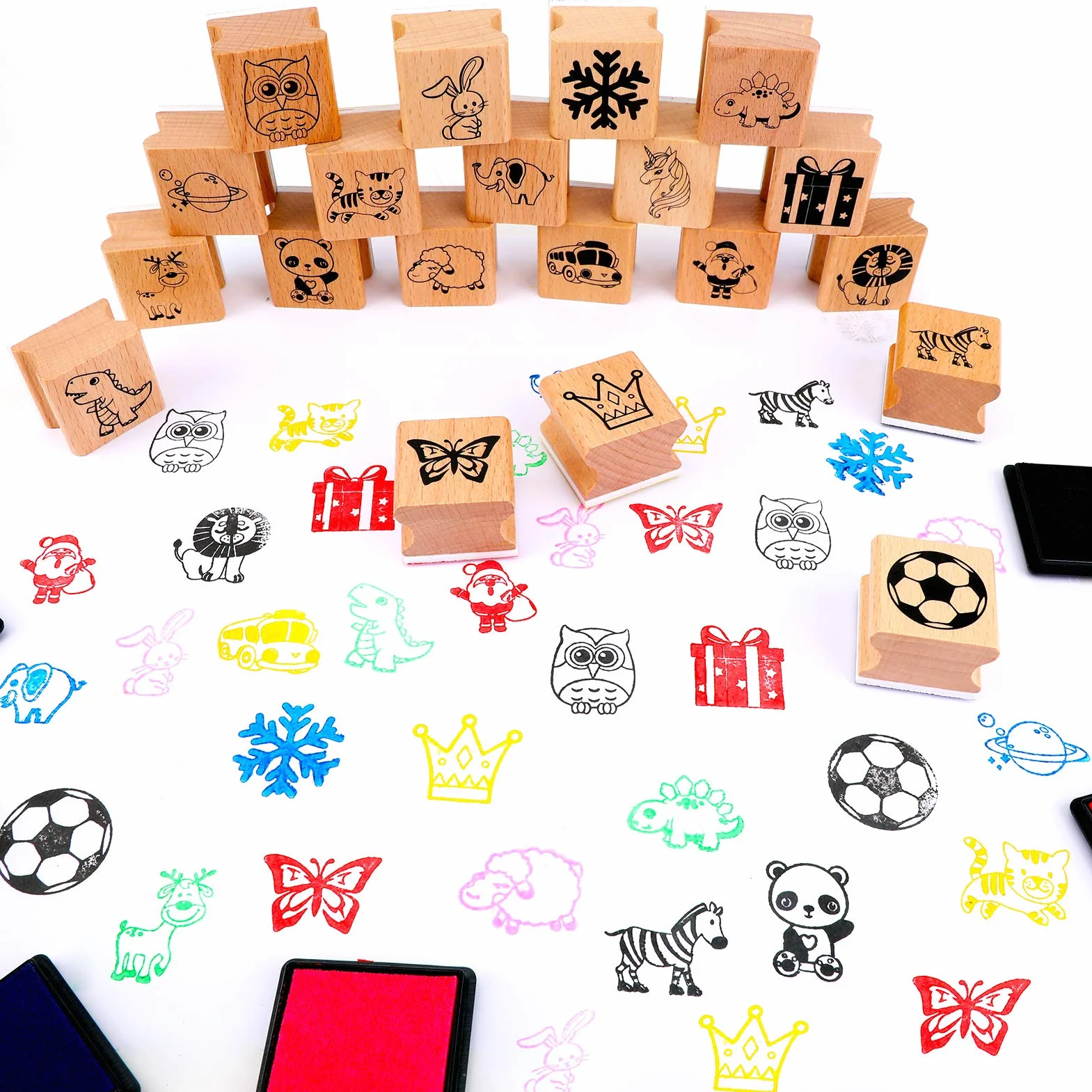 HOWAF 26pcs Tampons Bois pour Enfants Artisanat avec Encreur Animaux Père Noël Licorne Dinosaure