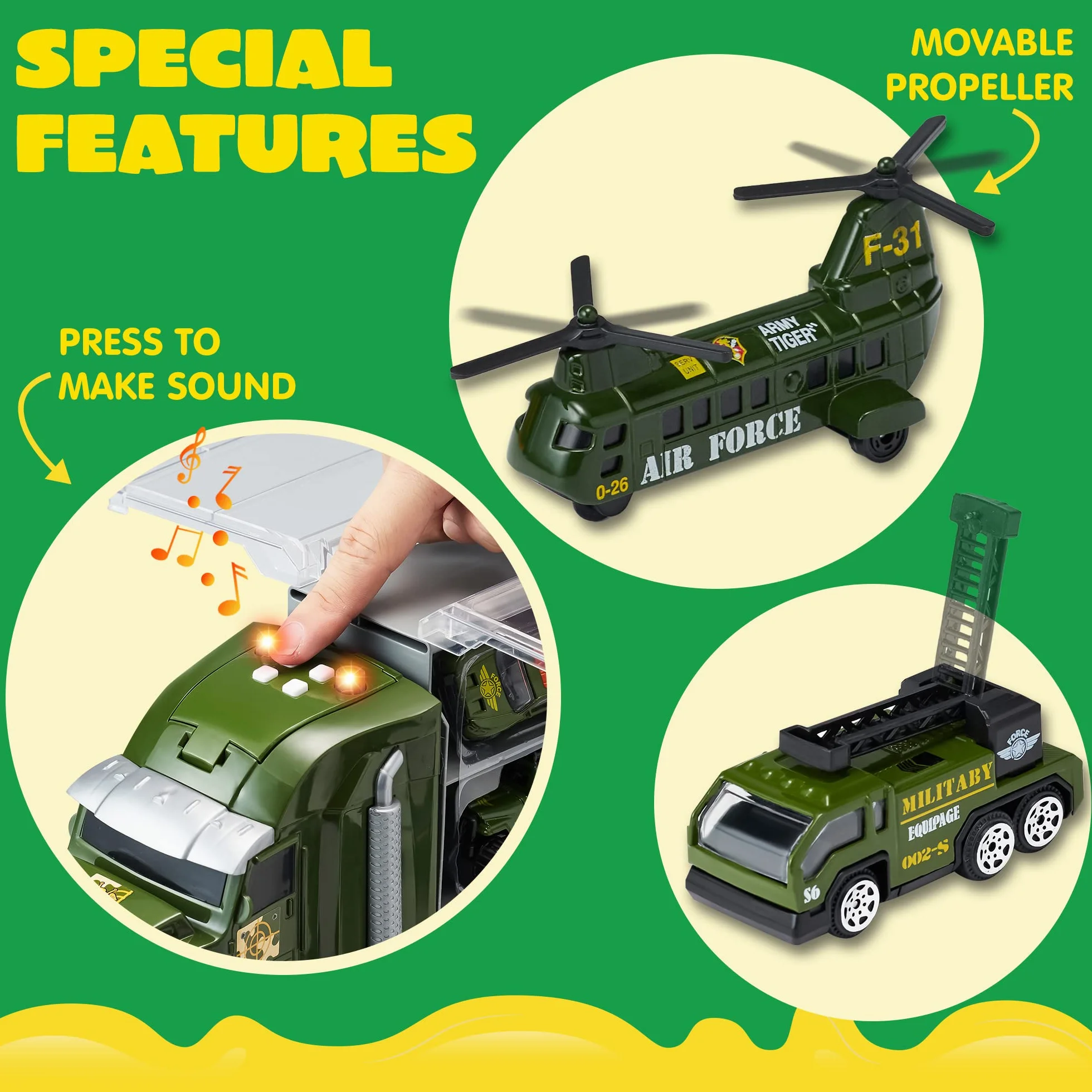 JOYIN 25 en 1 Camion Militaire Moulage sous Pression Véhicule de l'armée avec lumières et Sons, Cadeau pour garçons 3+ (Vert)