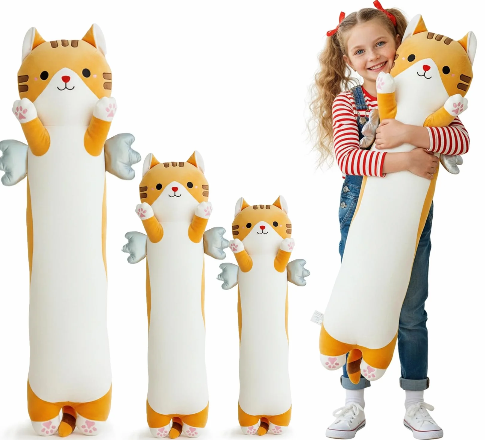 Kekeso Oreiller Peluche Chat Long 60cm Coussin Corps Mignon avec Ailes Kawaii Douce Câliner Cadeau Enfants Jaune