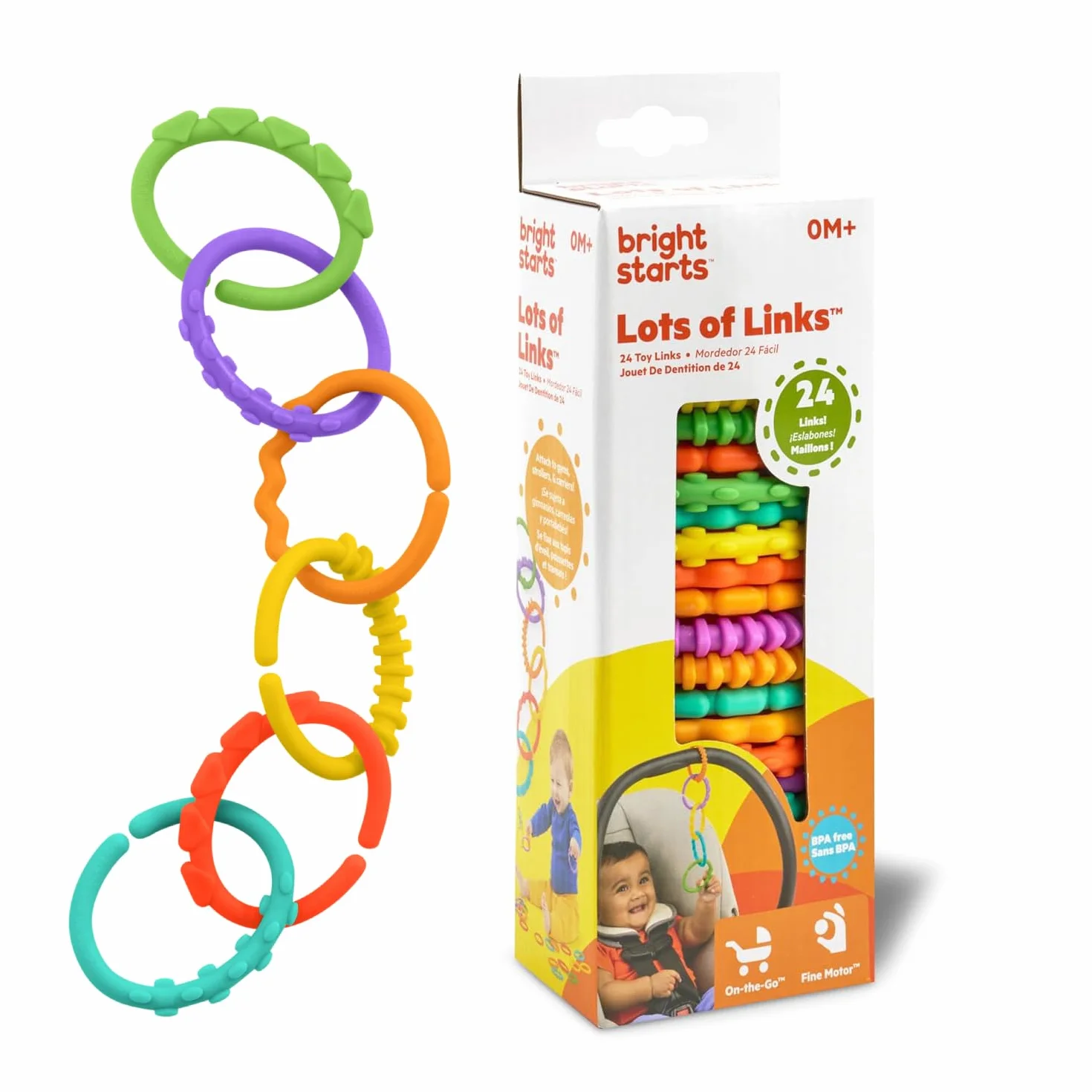 Bright Starts Lots of Links Jouets à anneaux pour poussette 24 pièces sans BPA 0 mois+
