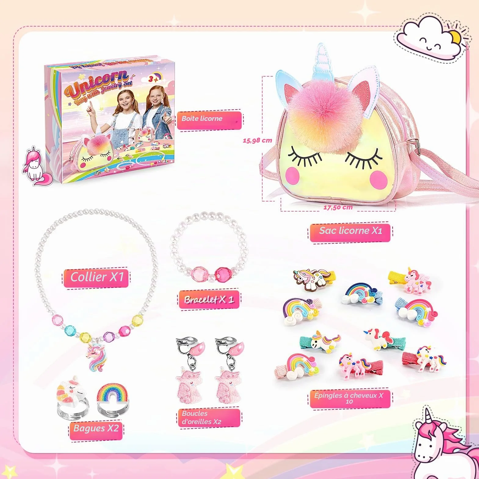 Hapikids Sac à Main Bijoux Enfants Fille Unicorn Collier Bracelet Boucle d'oreille Bagues Kit Cadeau 2-6 Ans