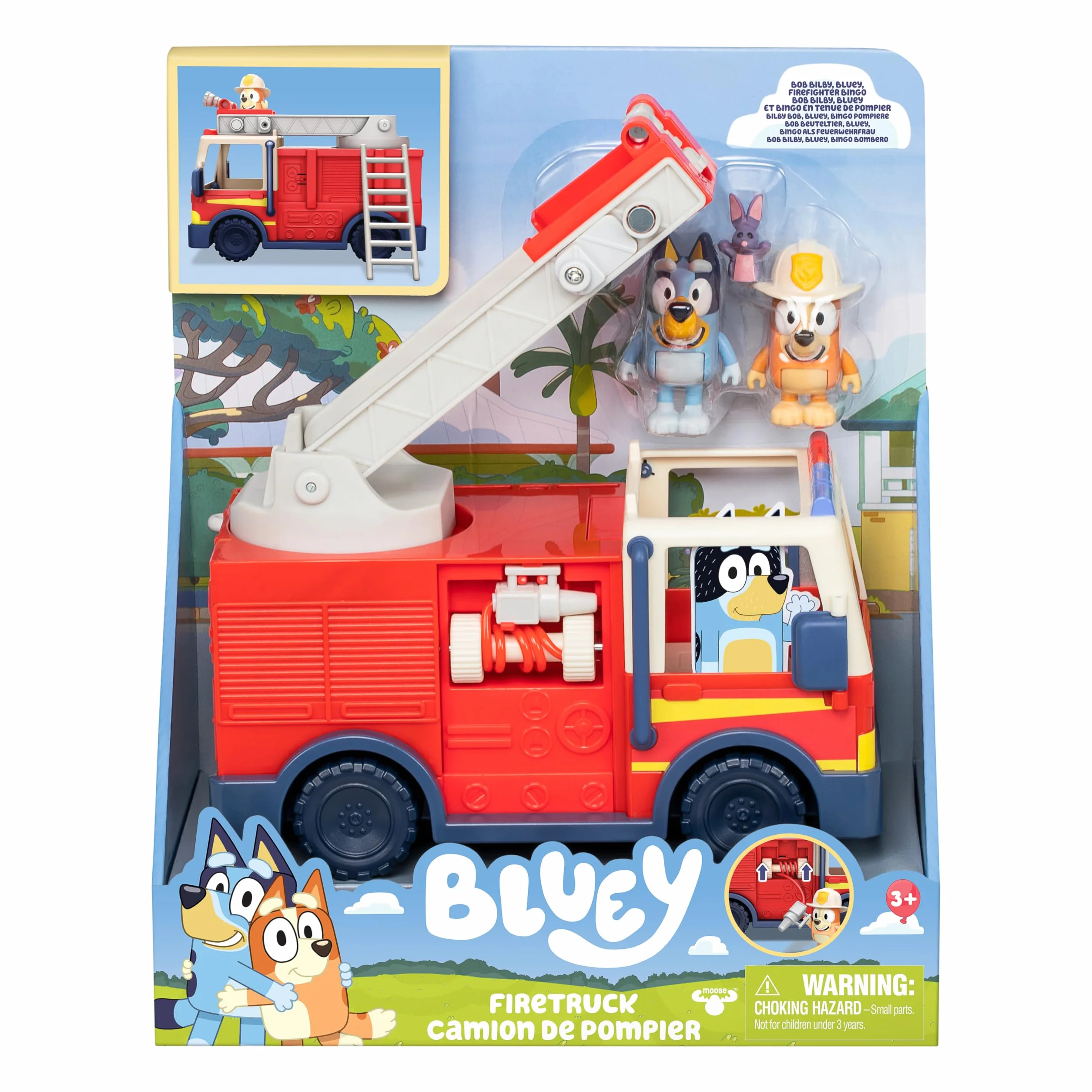 BlueY Camion de Pompier avec Figurines Bingo et Bob Bilby, Échelle Pivotante et Lance