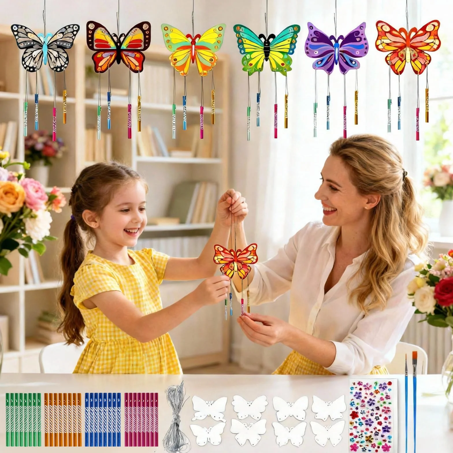 Kit de Bricolage Carillon Éolien Enfants 8 Pièces Bois Papillon