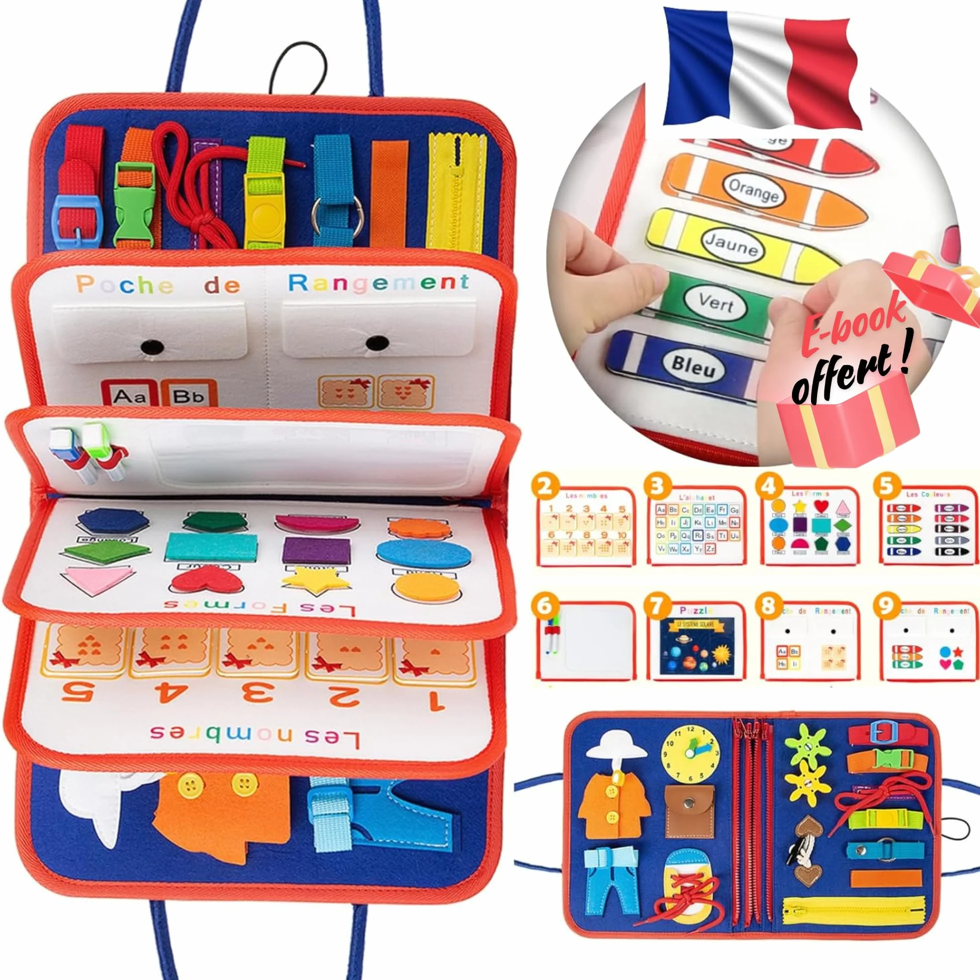 Busy Board en Francais Jeu educatif Montessori transportable Voyage - Jeu Enfant 1-5 Ans - Planche sensoriel motricite Bebe