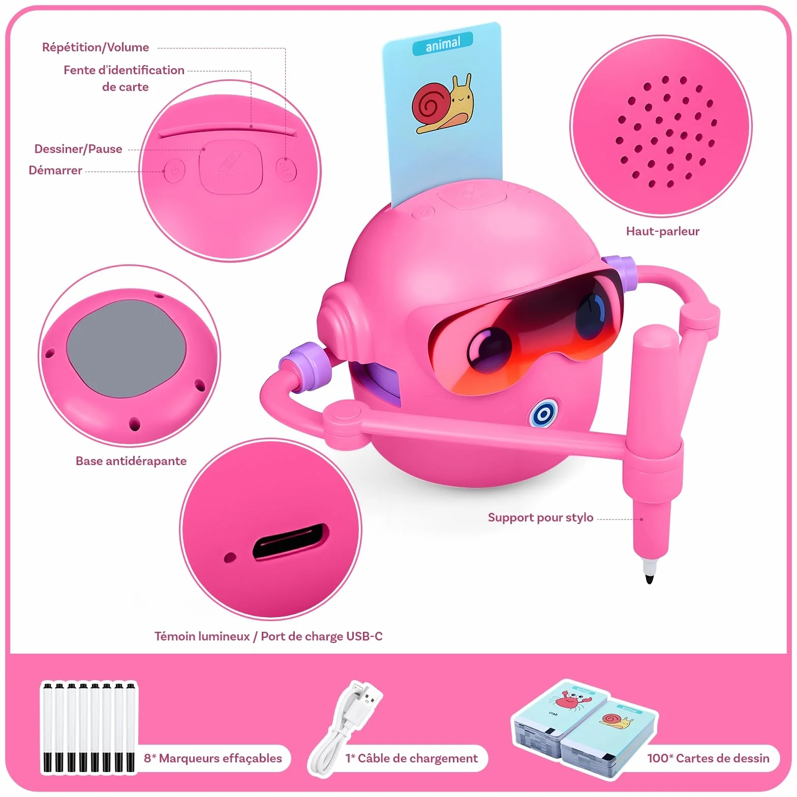 Robot de Dessin pour Enfants MMOBIEL Pictobot Jouet Éducatif Interactif 100 Cartes de Dessin Guide Vocal 12 Feutres Colorés Batterie USB-C Cadeau Filles Garçons 3-9 Ans Rose