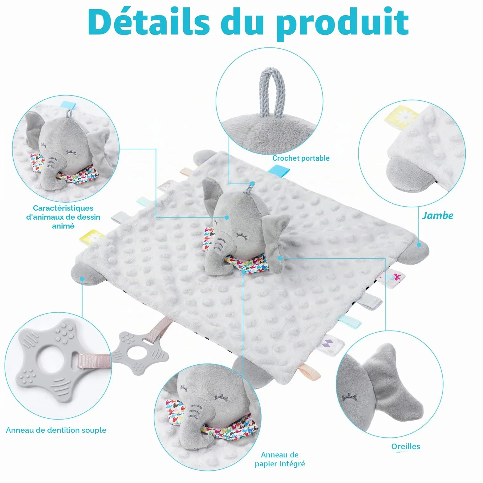 Vicloon Doudou Personnalisé Eléphant Serviette Apaisante d'Eveil Bébé Nouveau-né