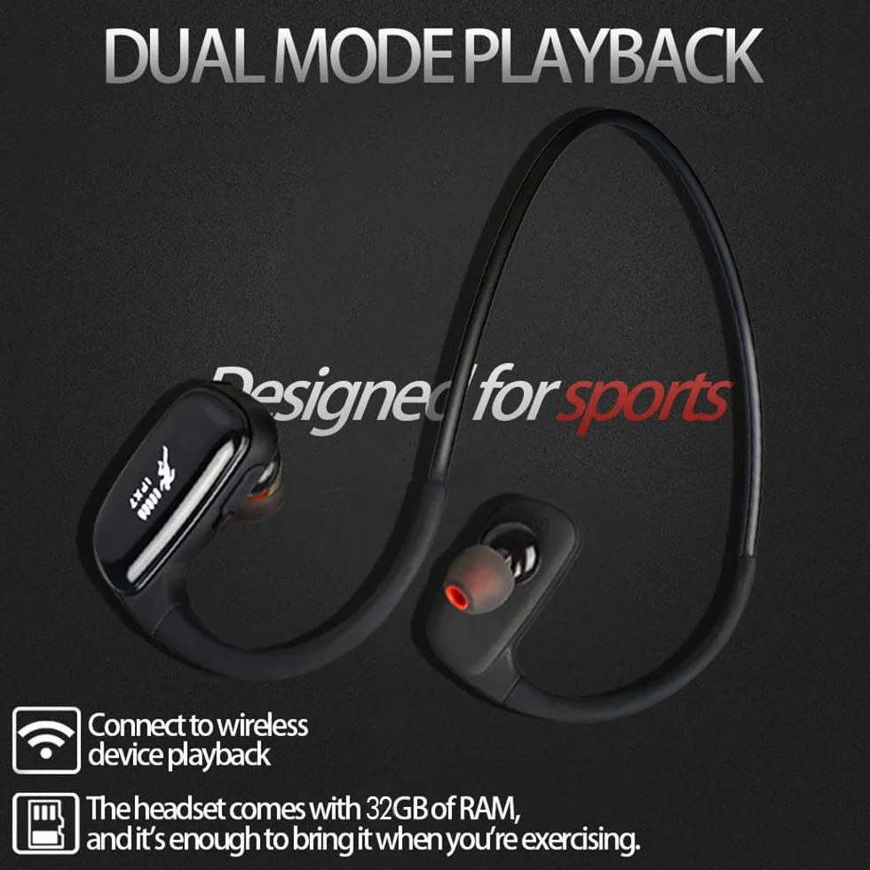 CYBORIS Casque Bluetooth sans Fil Sport 5.3 IPX7 Étanche 32GB Mémoire Intégrée Hi-Fi Stéréo Noir