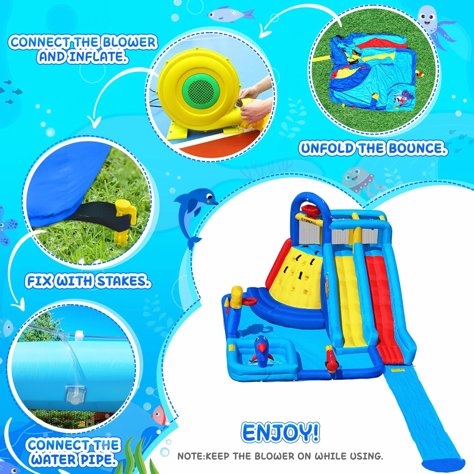 GYMMAL Château Gonflable avec Mur d'escalade, Double Toboggan et Piscine 4x3,6x2,6m