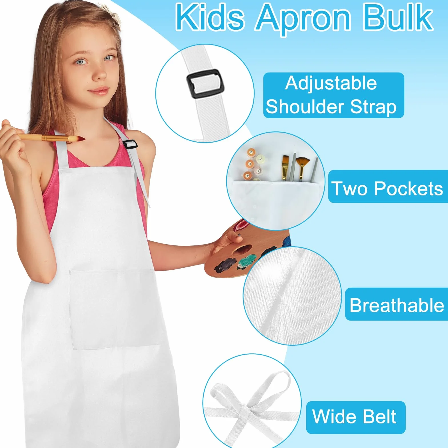 Tablier pour enfants avec 2 poches réglables, tablier de chef artistique pour cuisine, pâtisserie, peinture
