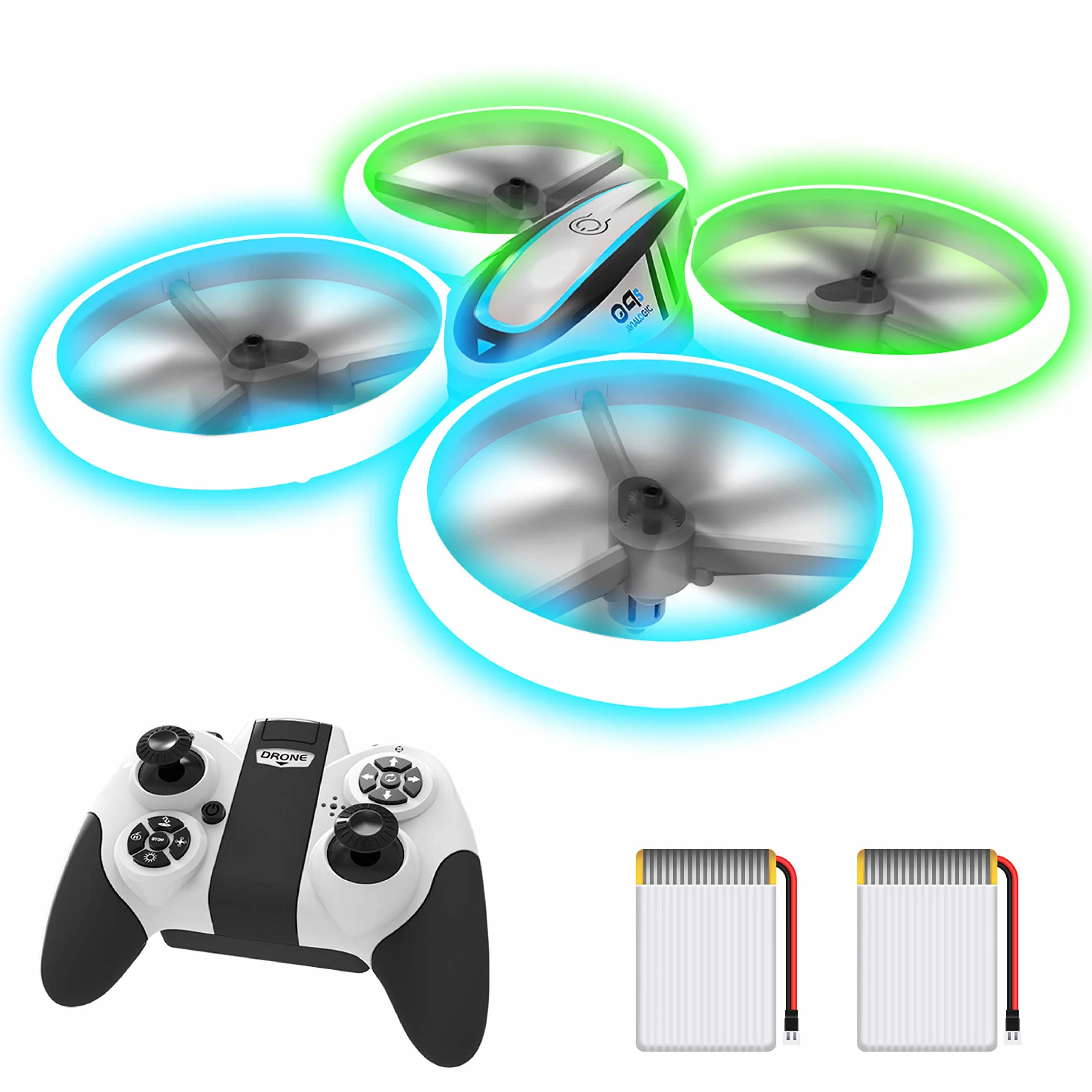 Drone Enfant Hélicoptère Télécommandé avec Lumières Bleues et Vertes, Deux Batteries, RC Quadricoptère Maintien d'Altitude