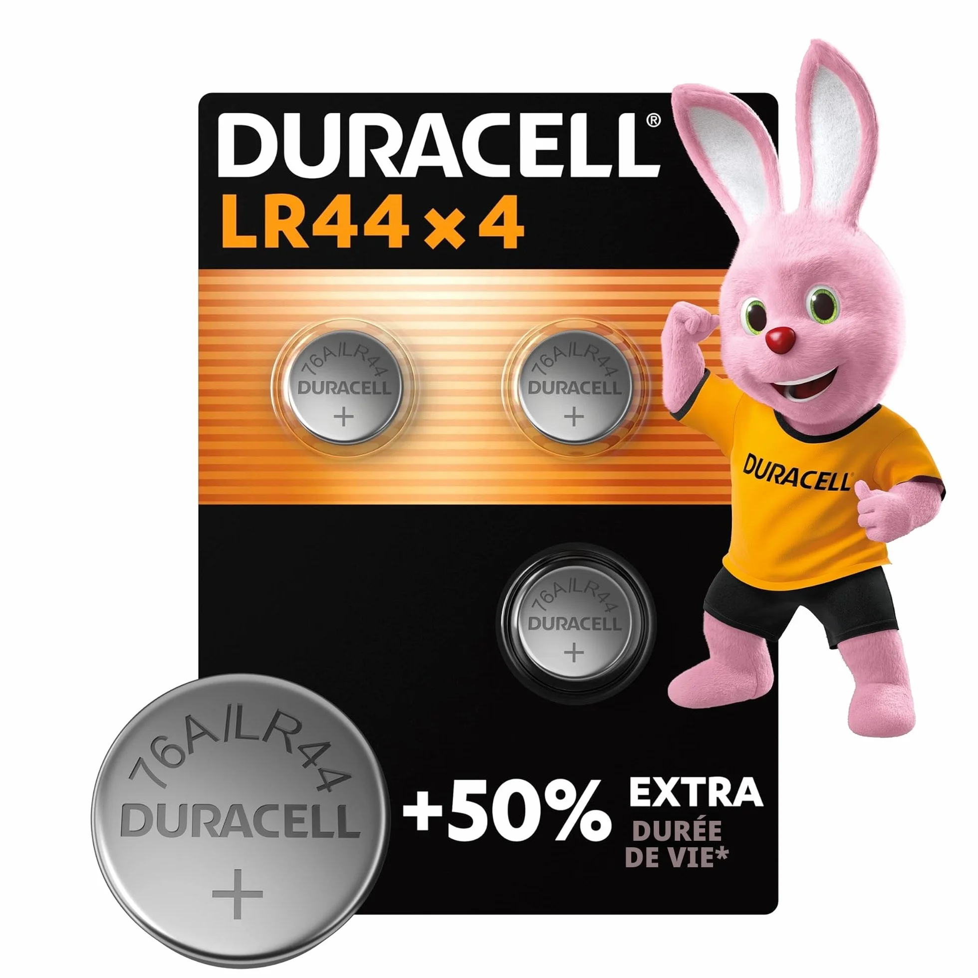 DURACELL LR44 Piles alcalines 1,5V (A76) Lot de 4 – +50% Puissance – Conservation 5 Ans – Prévention des fuites