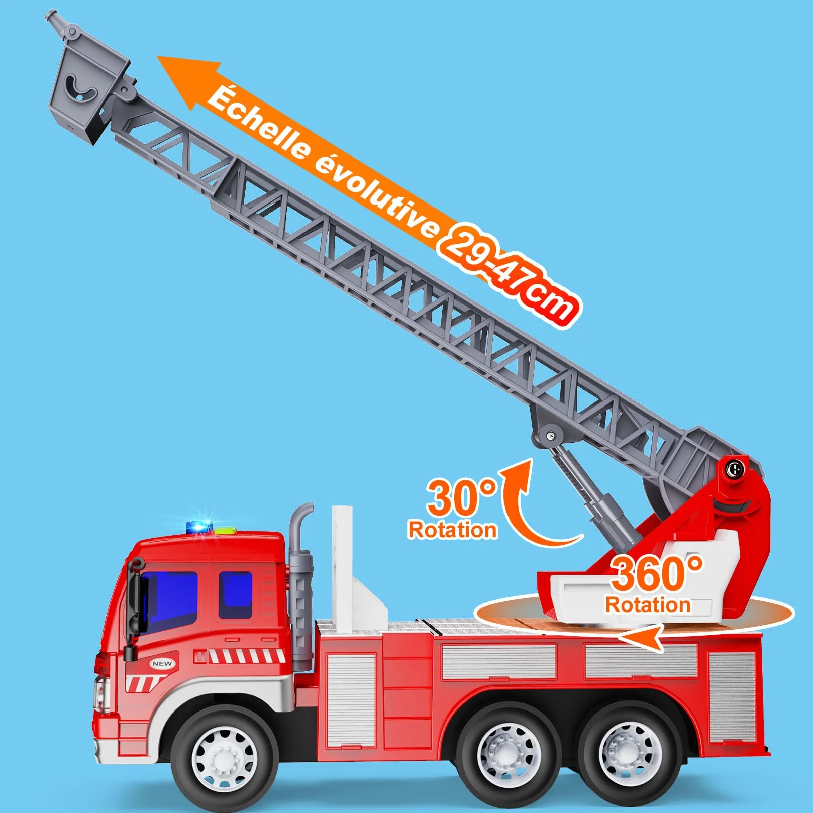 Gros Camion Pompier Jouet XXL avec Échelle Sonore et Lumineux, Fire Truck Cadeau Anniversaire Enfant 3-8 Ans Rouge