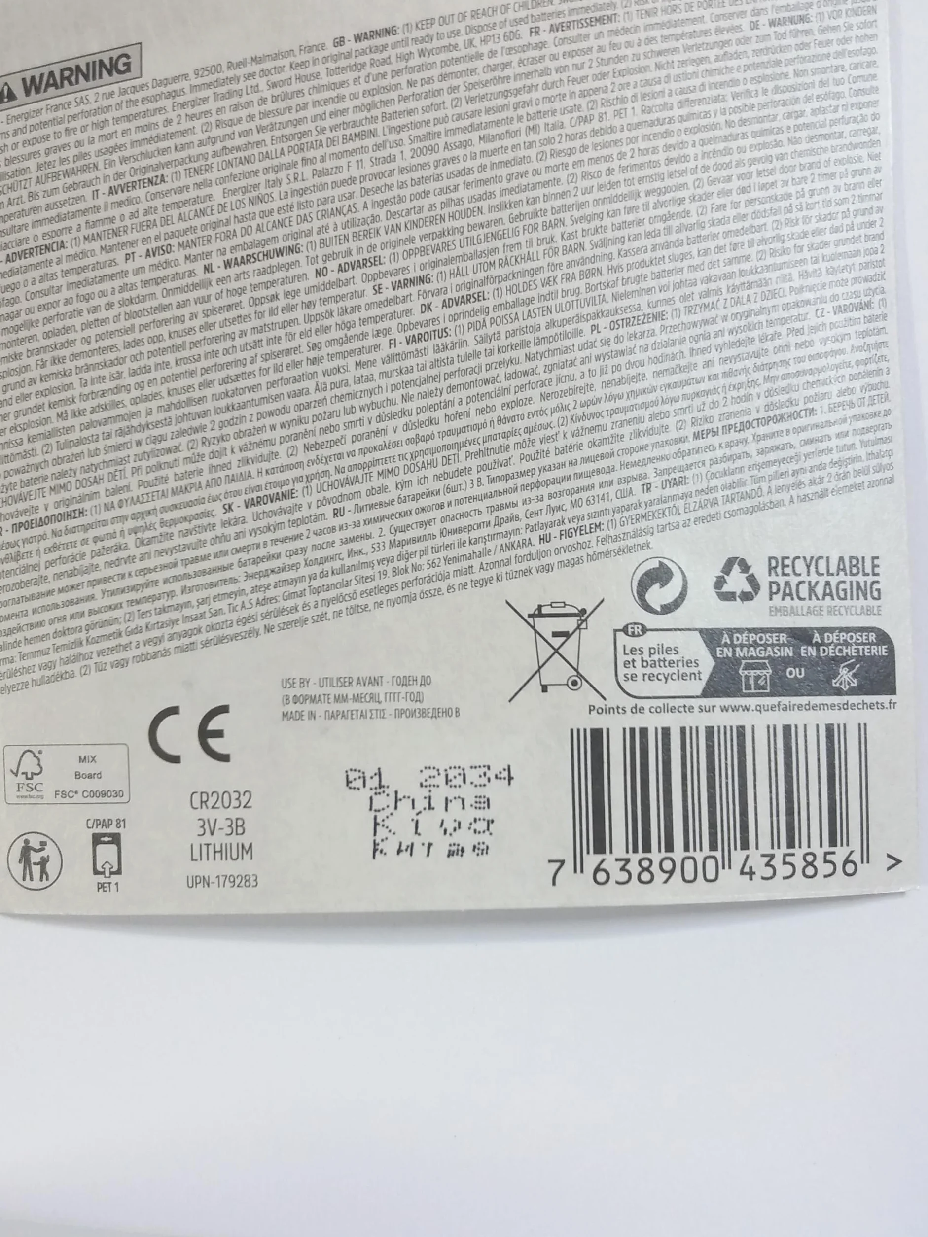 Energizer CR 2032 Pile Bouton Lithium 3V Lot de 6